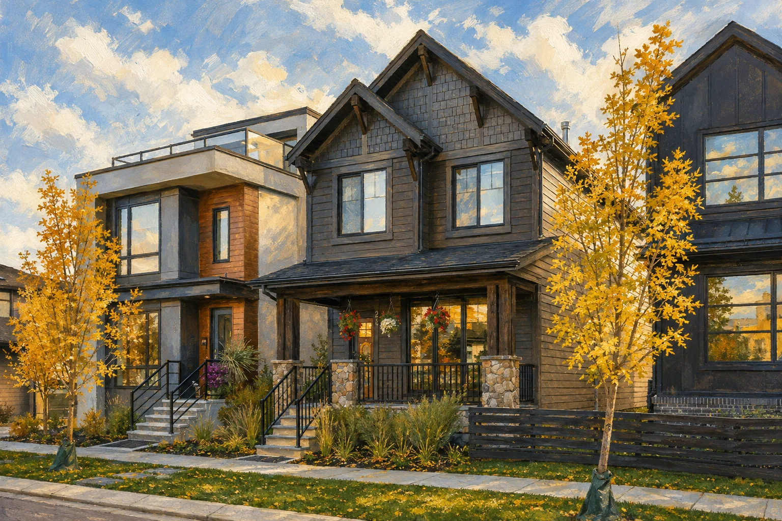 Painted view of Alpine Park showhome streetscape with a charcoal twin-gable porch home, modern wood-panel neighbour and golden autumn trees