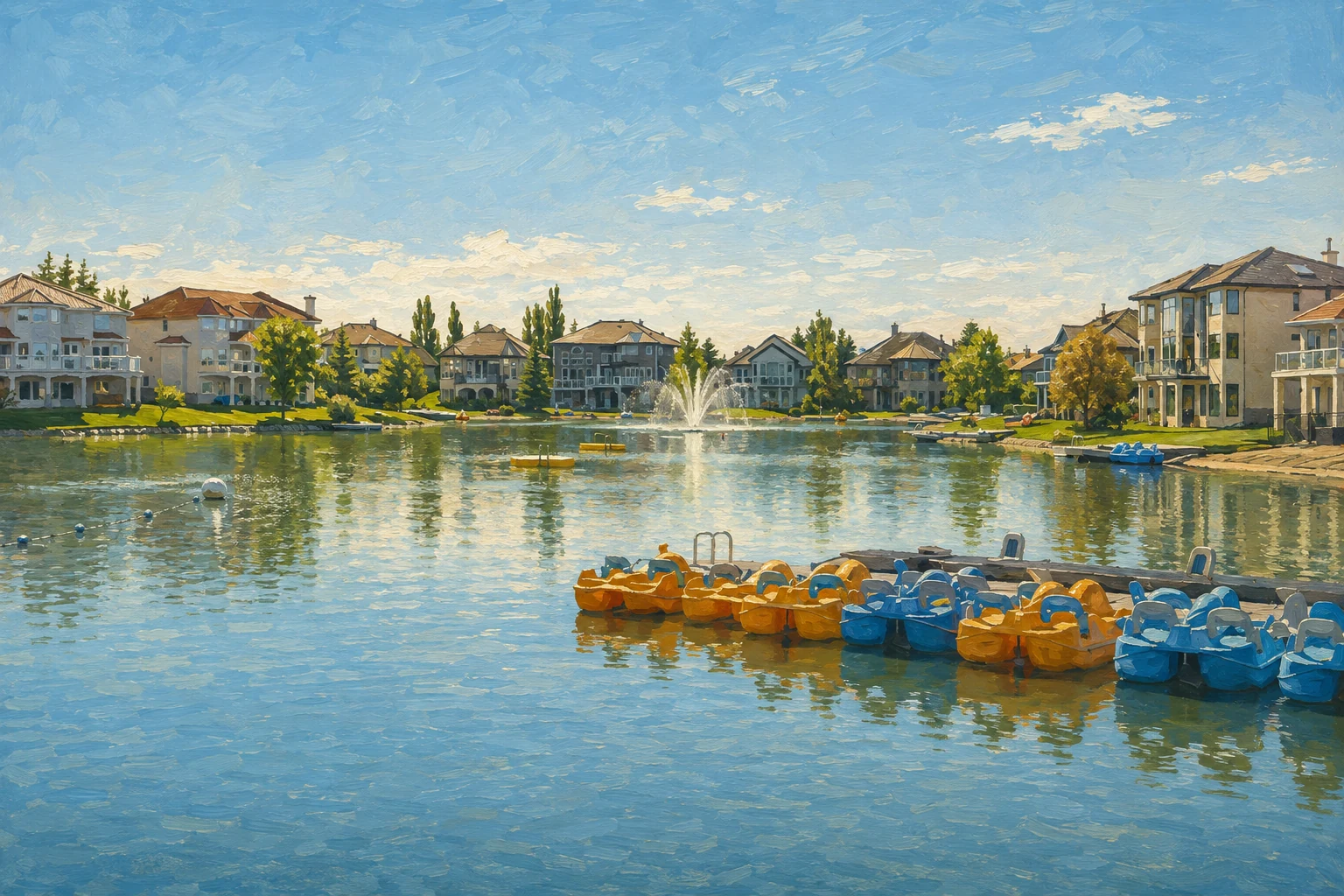 Painterly illustration of Arbour Lake with its fountain, colourful pedal boats and waterfront homes