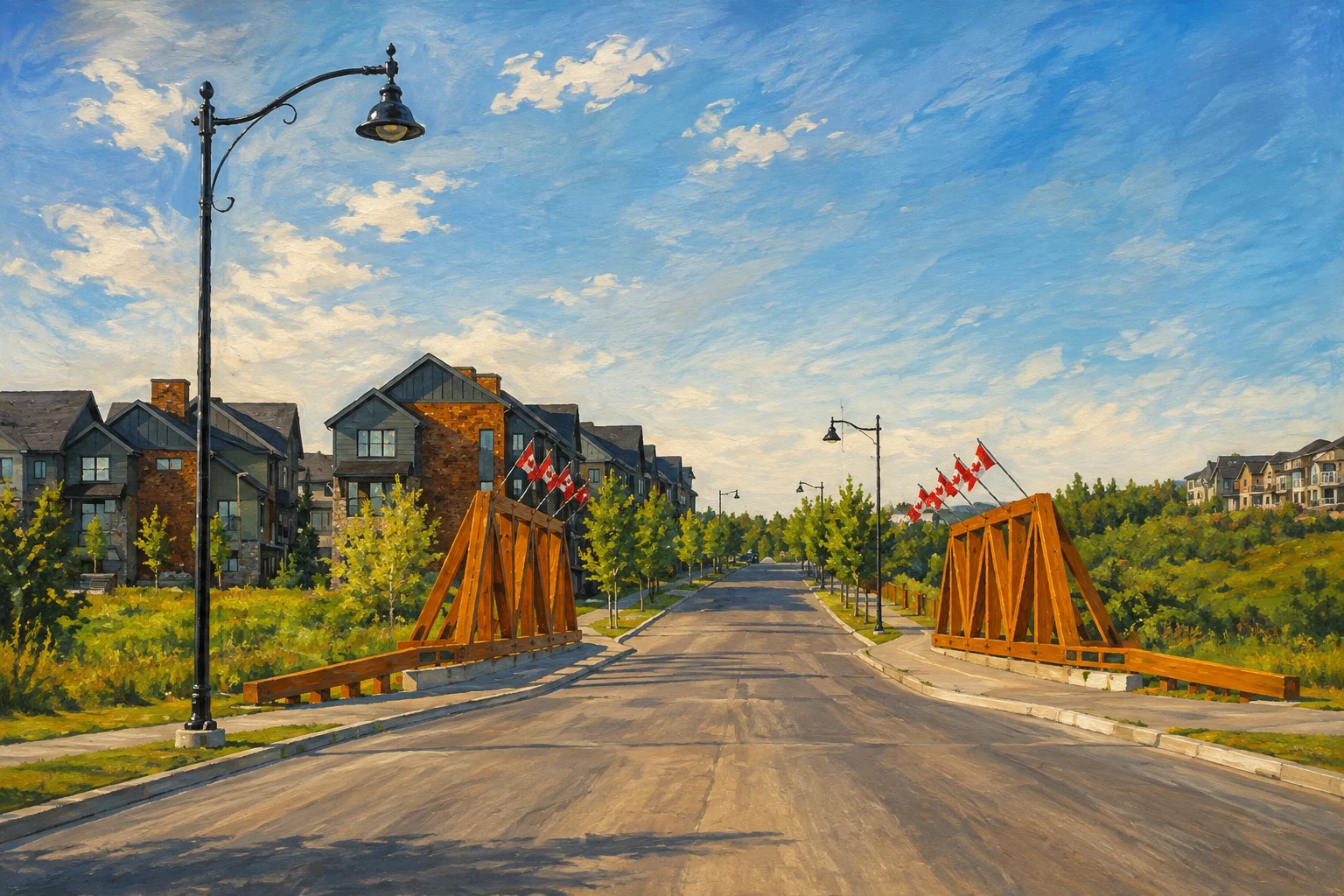 Painted view of Aspen Woods timber bridge and surrounding homes