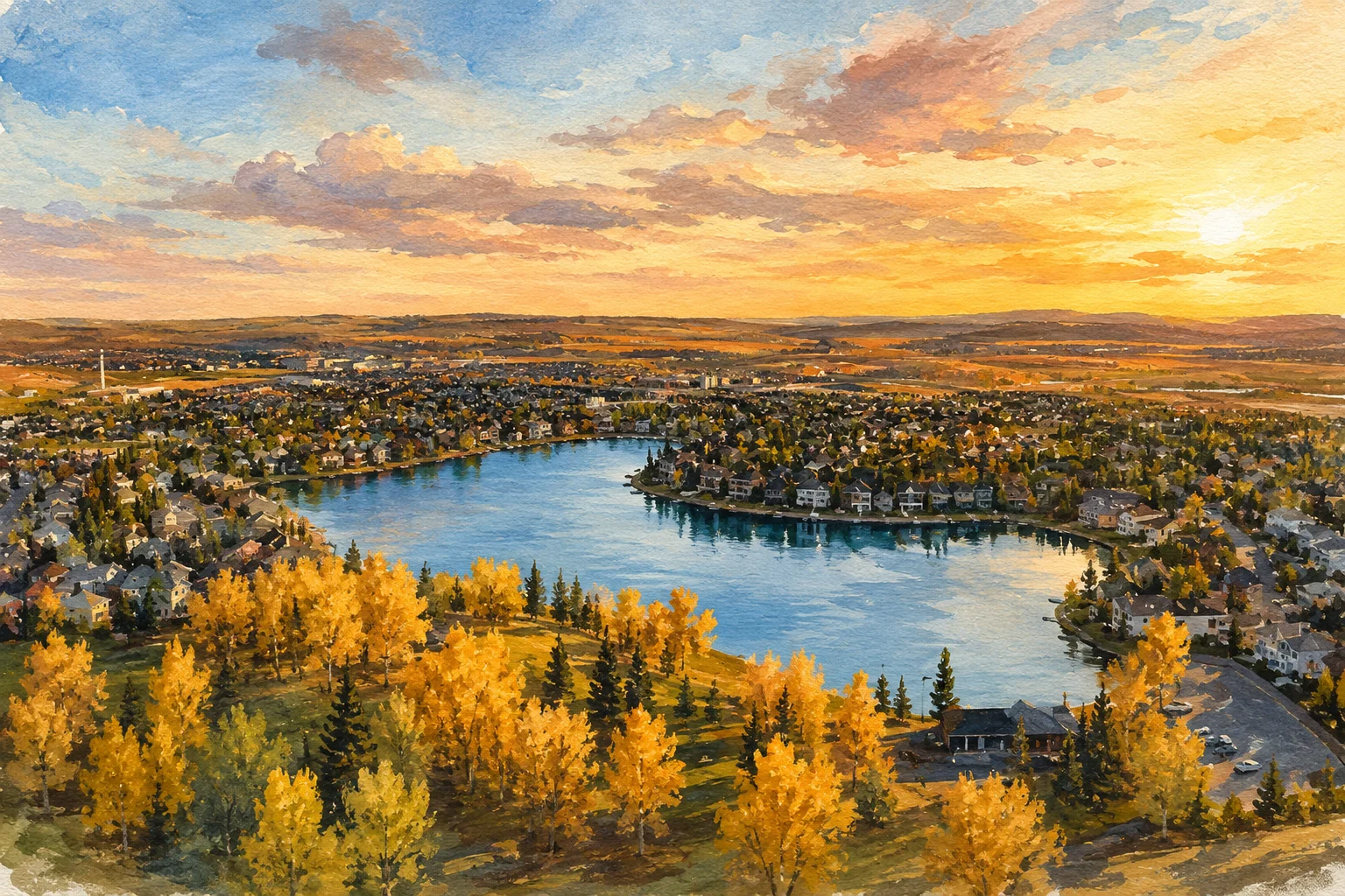 Painted view of Lake Chaparral and its golden autumn lake park from above, with surrounding waterfront homes and low prairie hills