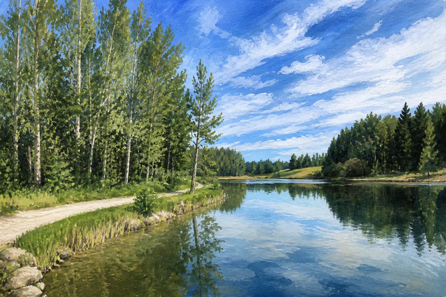 Painted view of Alexa Lake in Church Ranches with its wooded shoreline path