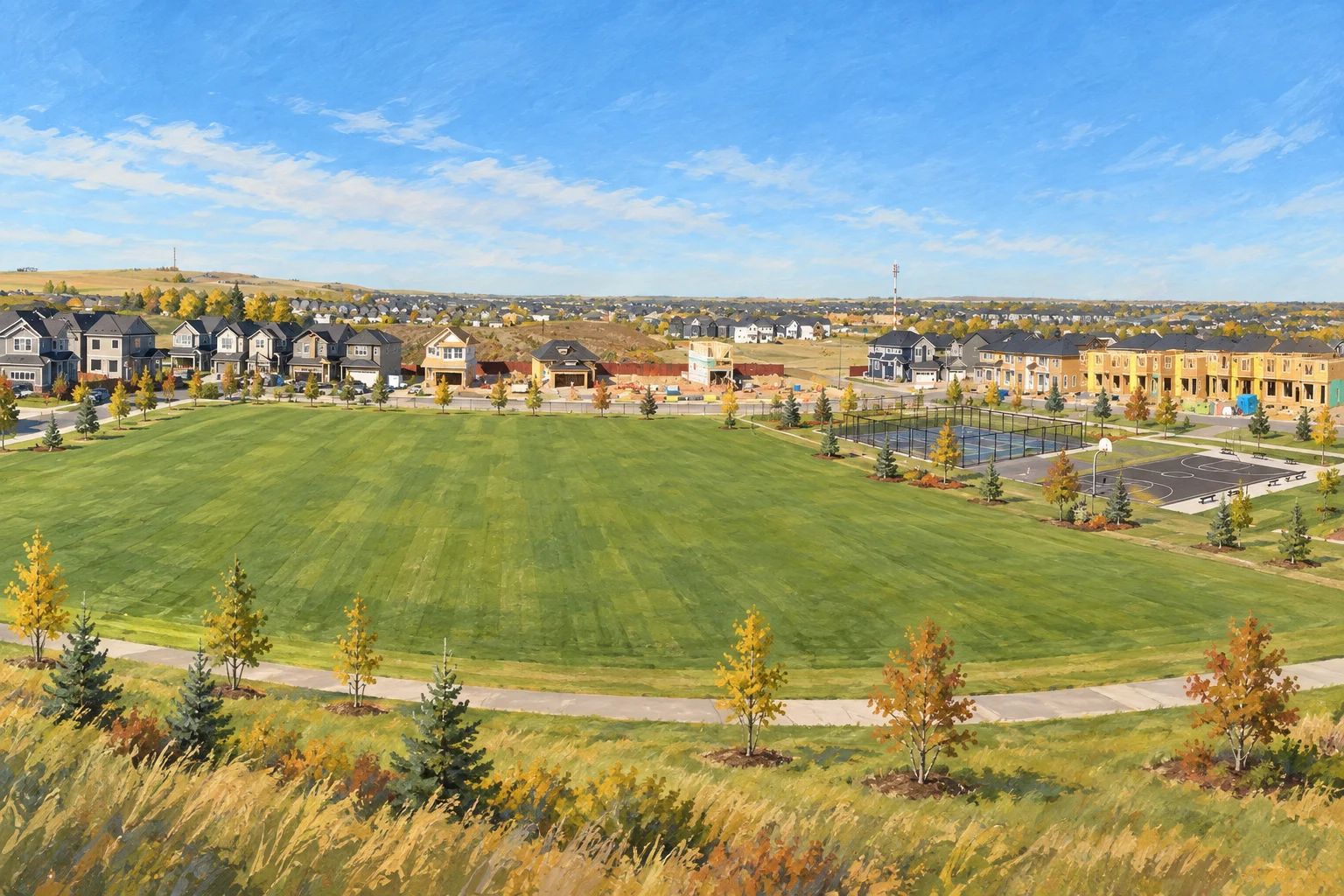 Painted view of Cobblestone Creek recreation lawn, fenced sports courts, young trees and grey prairie homes under construction