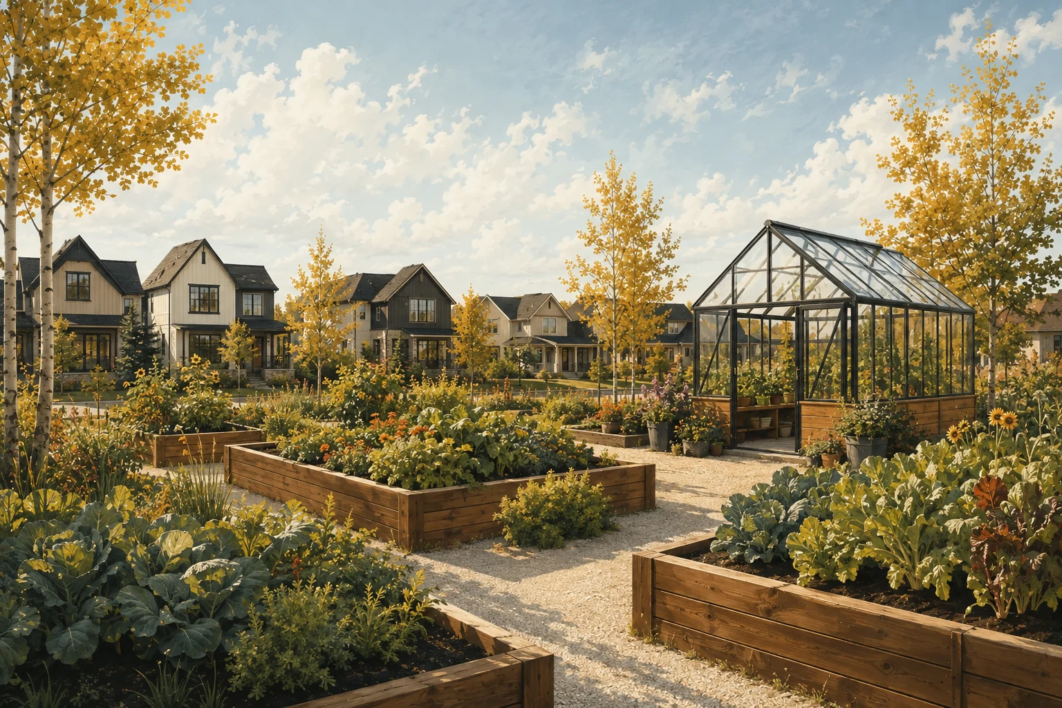 Illustrated Alberta community garden with raised beds, greenhouse and homes; not a depiction of this community