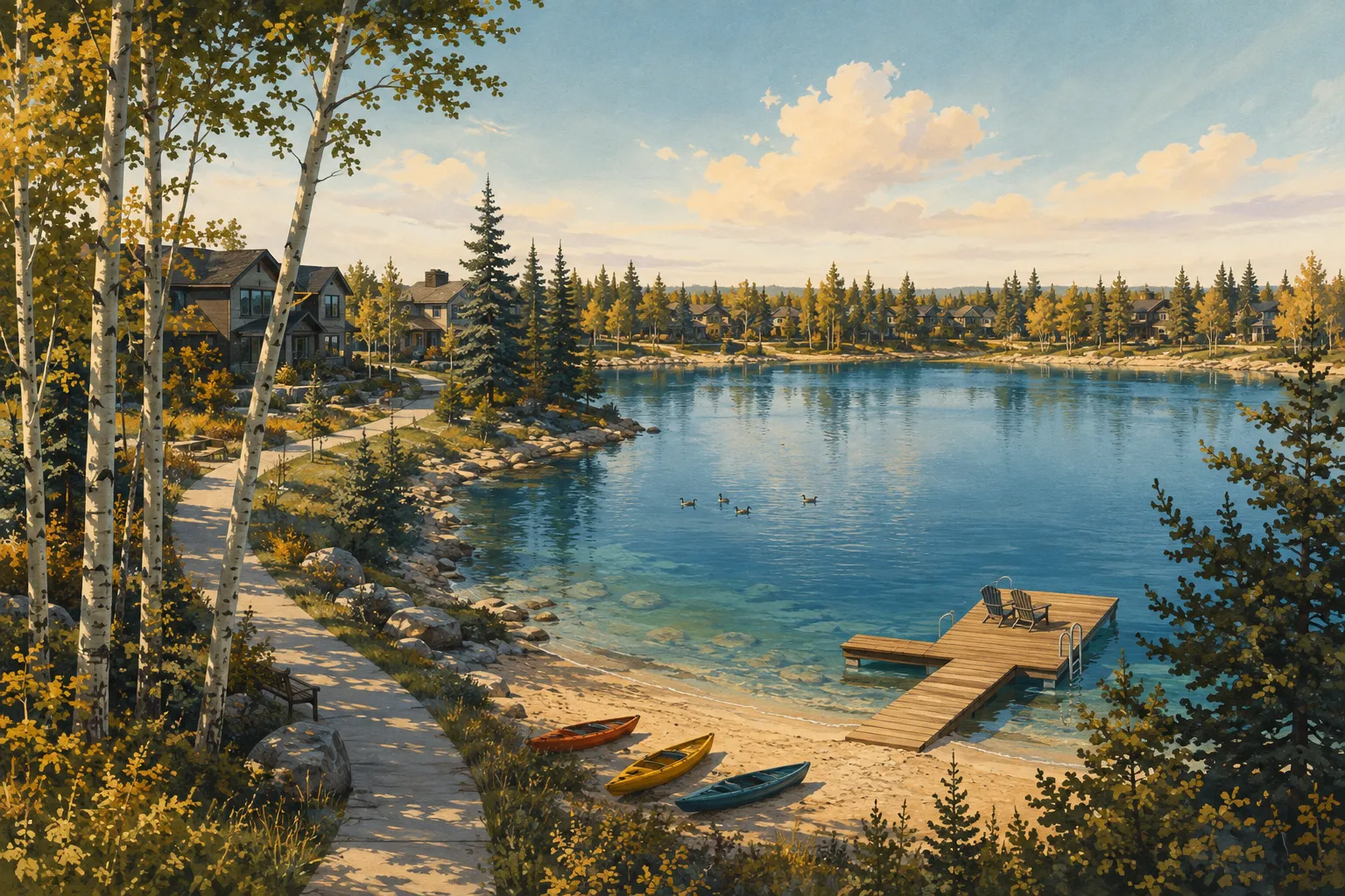 Illustrated Alberta lake neighbourhood; not a depiction of this community