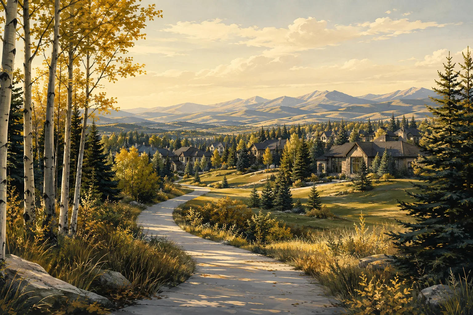 Illustrated Alberta foothills neighbourhood and walking trail; not a depiction of this community