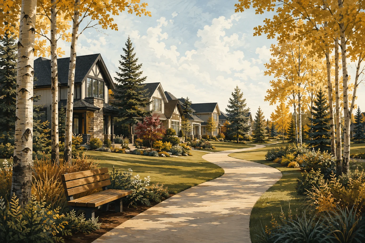 Illustrated Alberta leafy neighbourhood park with a walking path and homes; not a depiction of this community