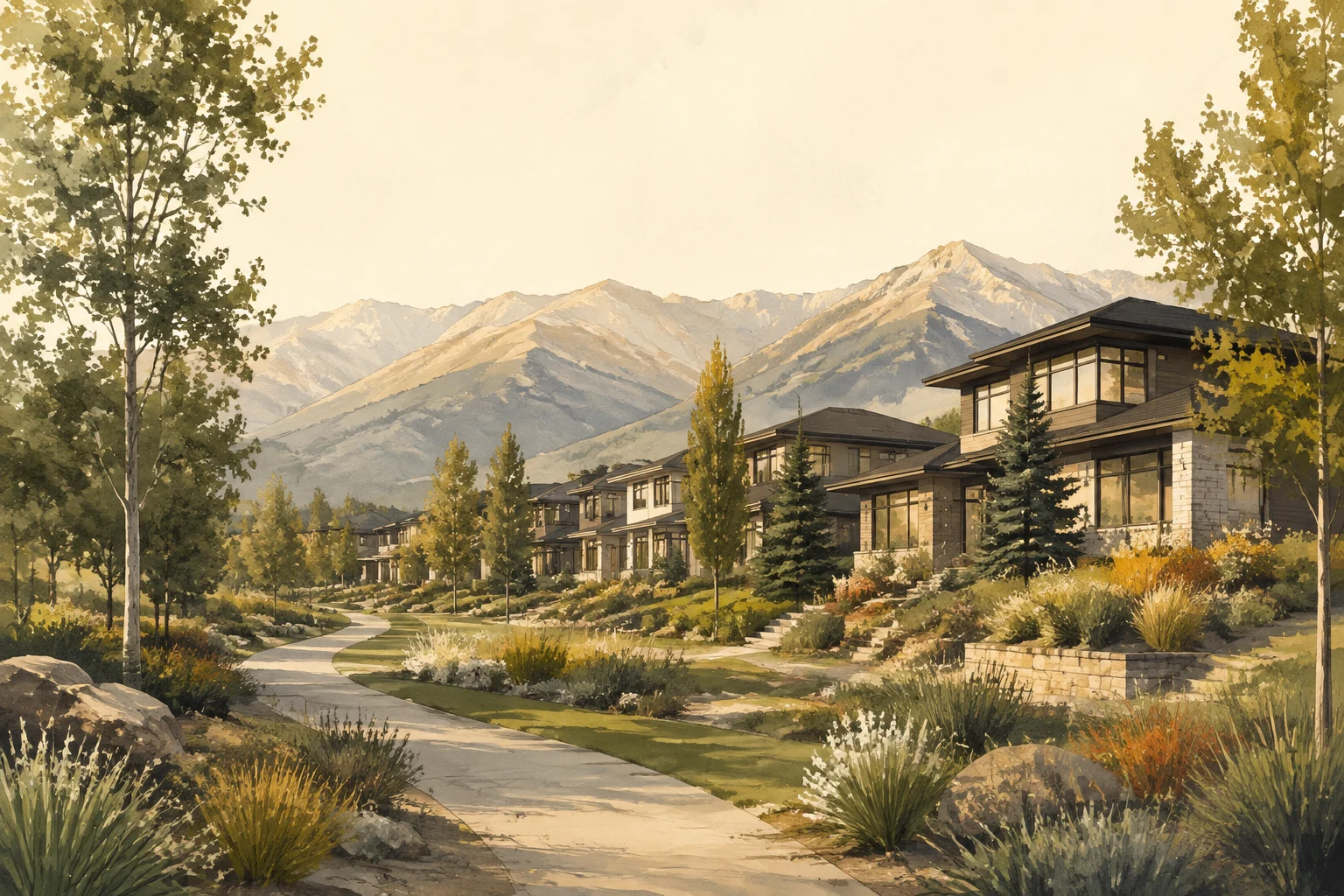 Illustrated Alberta foothills neighbourhood and walking trail; not a depiction of this community