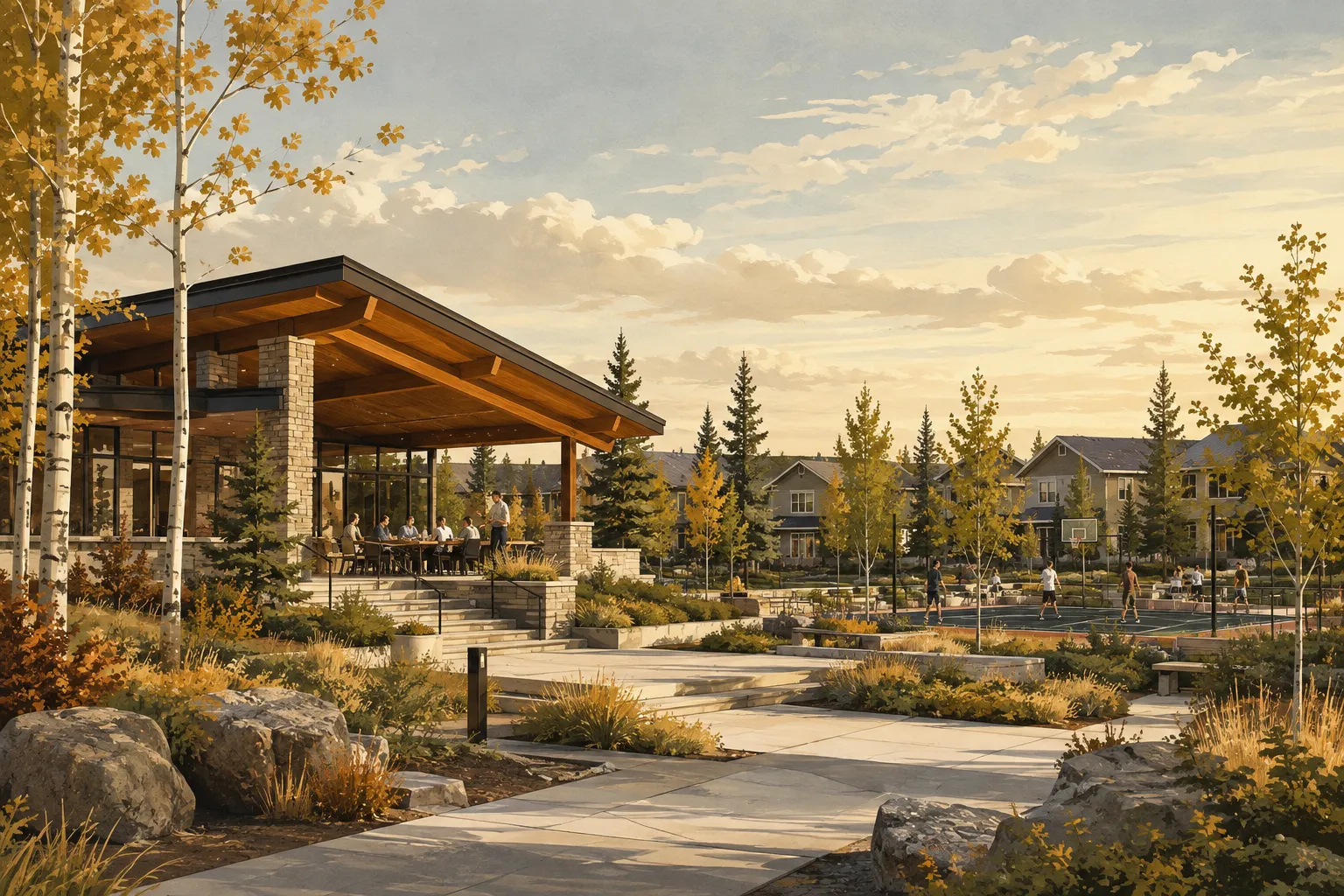 Illustrated Alberta community pavilion and landscaped paths; not a depiction of this community