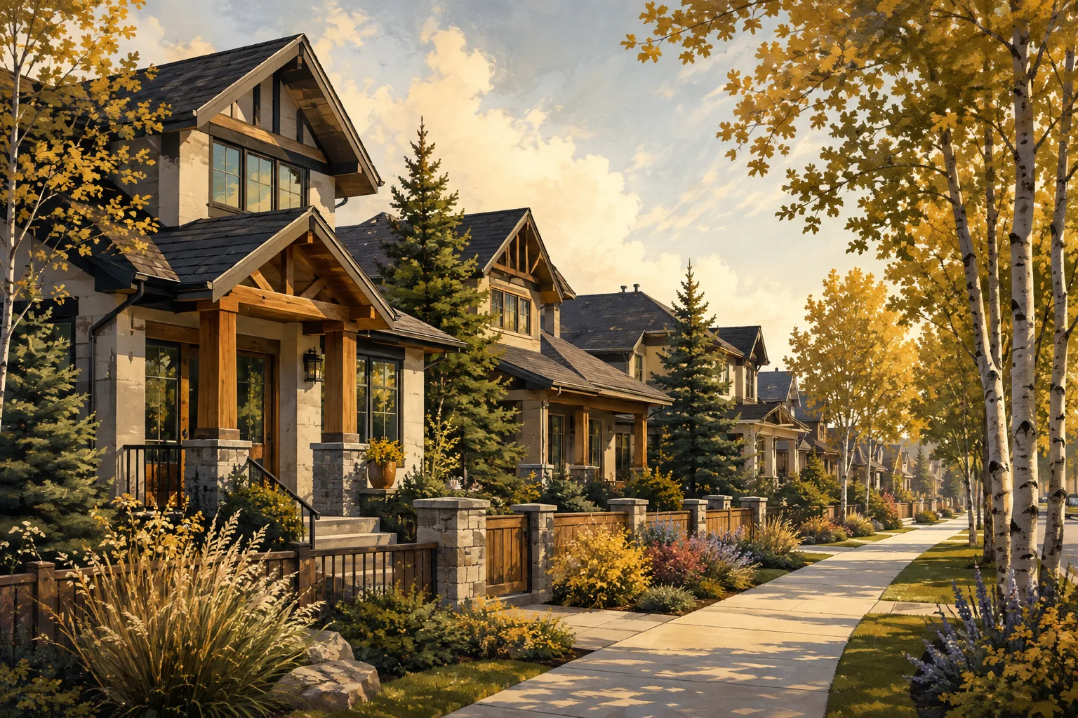 Illustrated Alberta residential streetscape with front gardens and autumn trees; not a depiction of this community