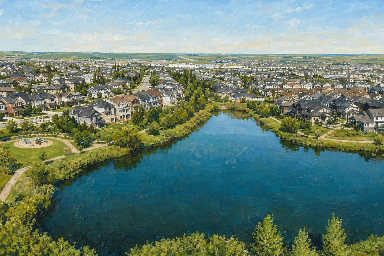 Painted elevated view of Cooper's Crossing pond, winding public paths, playground and surrounding Airdrie homes