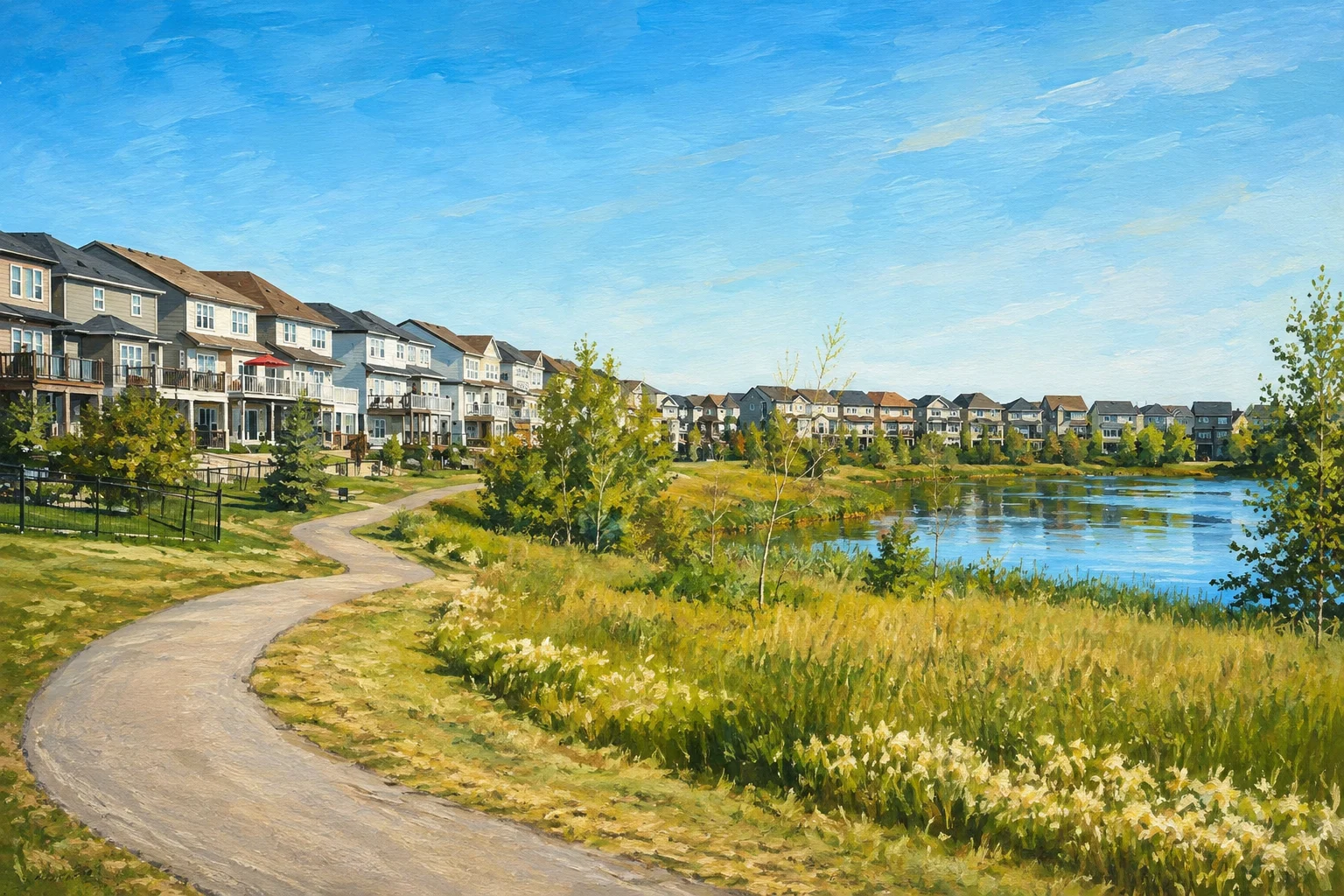 Painted view of Copperfield reed-fringed pond and path