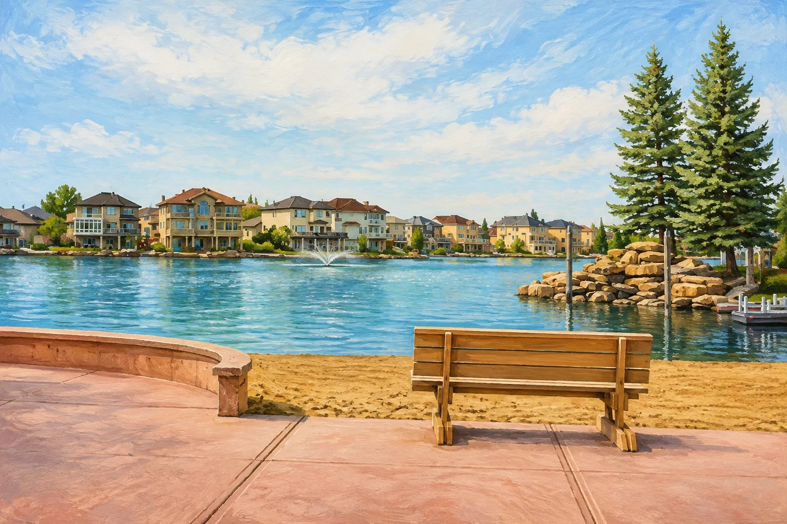 Painted view of Coral Springs lake, sandy beach, pink terrace, fountain and spruce-lined shore