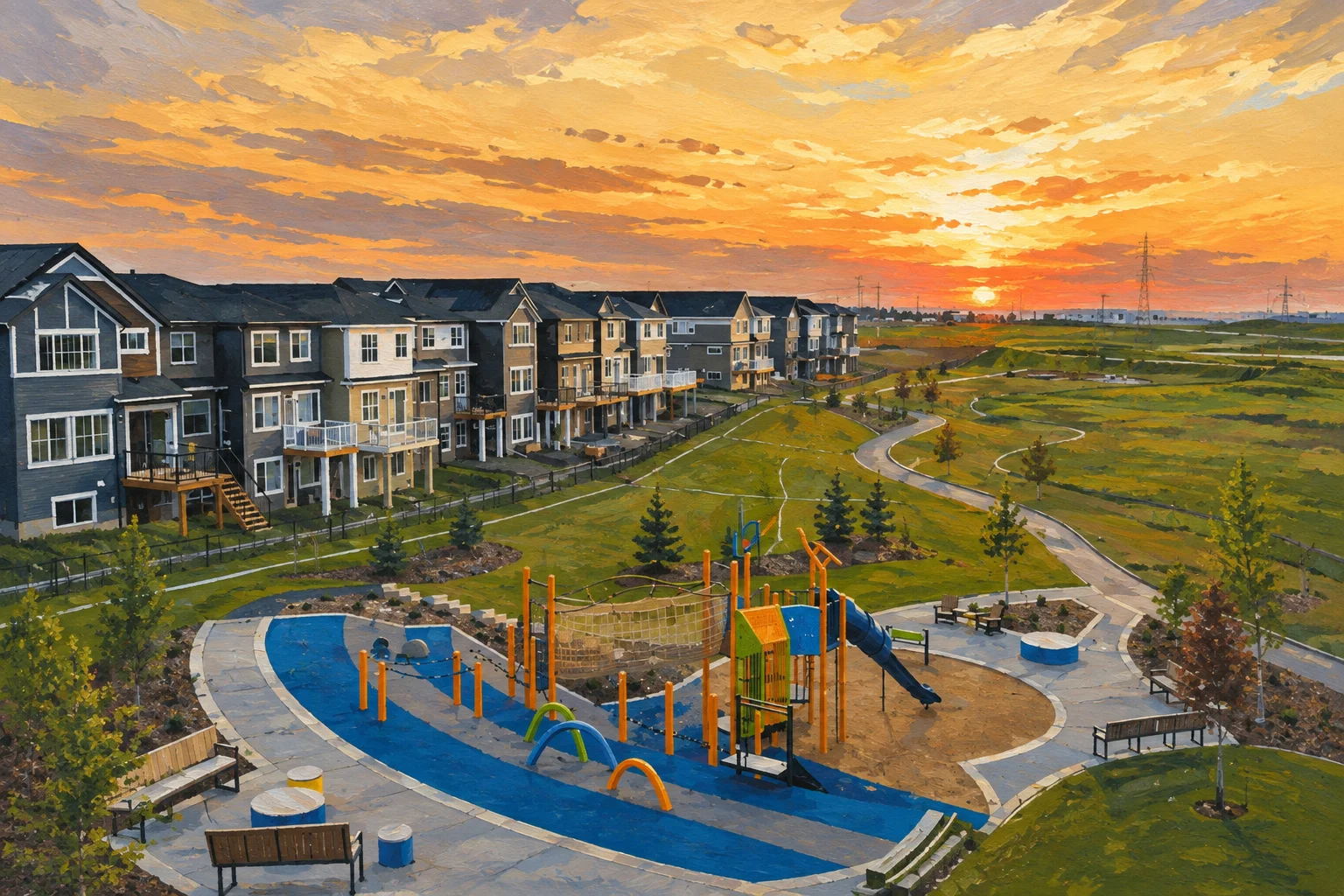 Painted view of Cornerstone playground, winding pathways and prairie homes