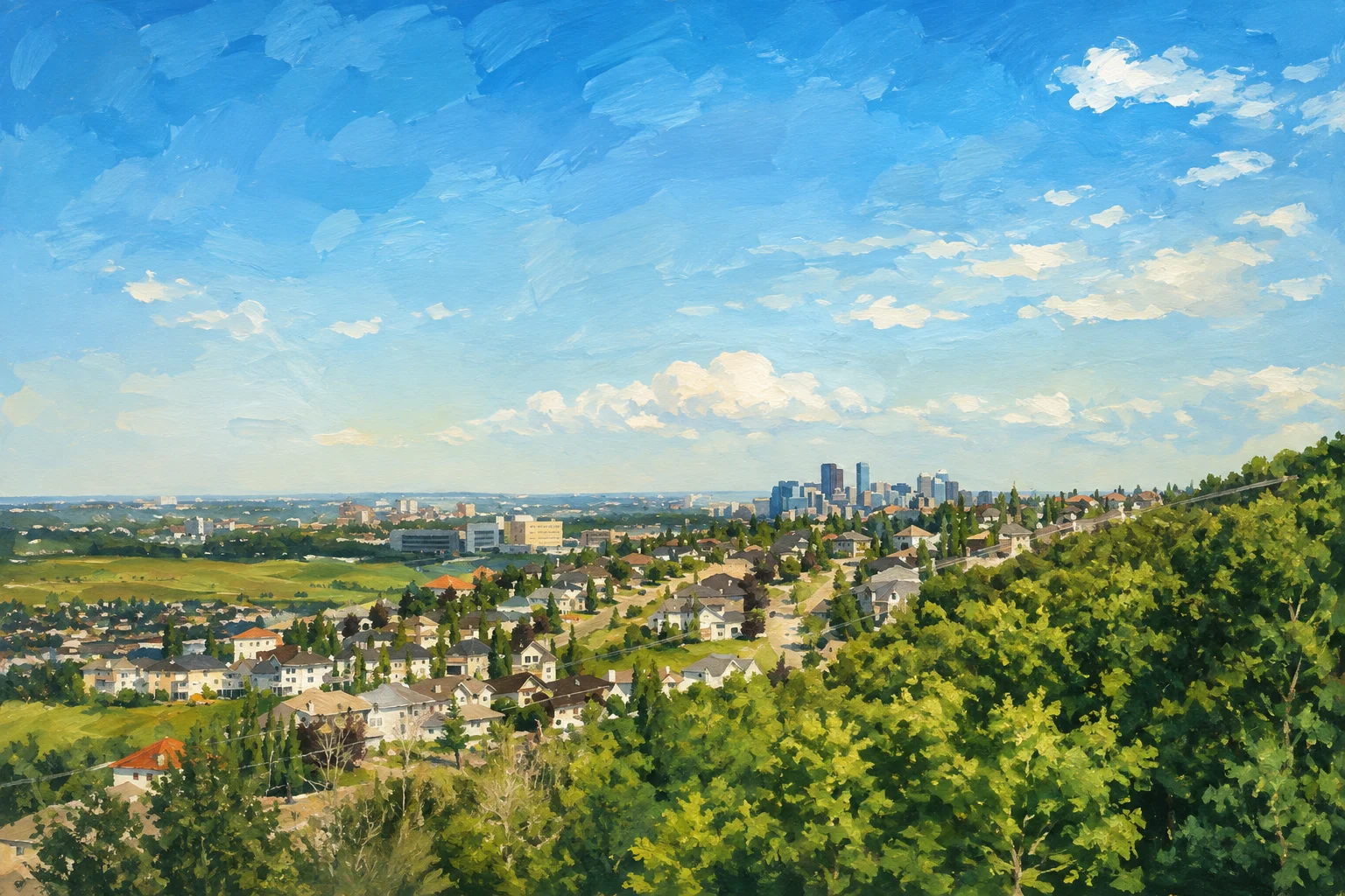 Painted view of Cougar Ridge archive city view over wooded slopes