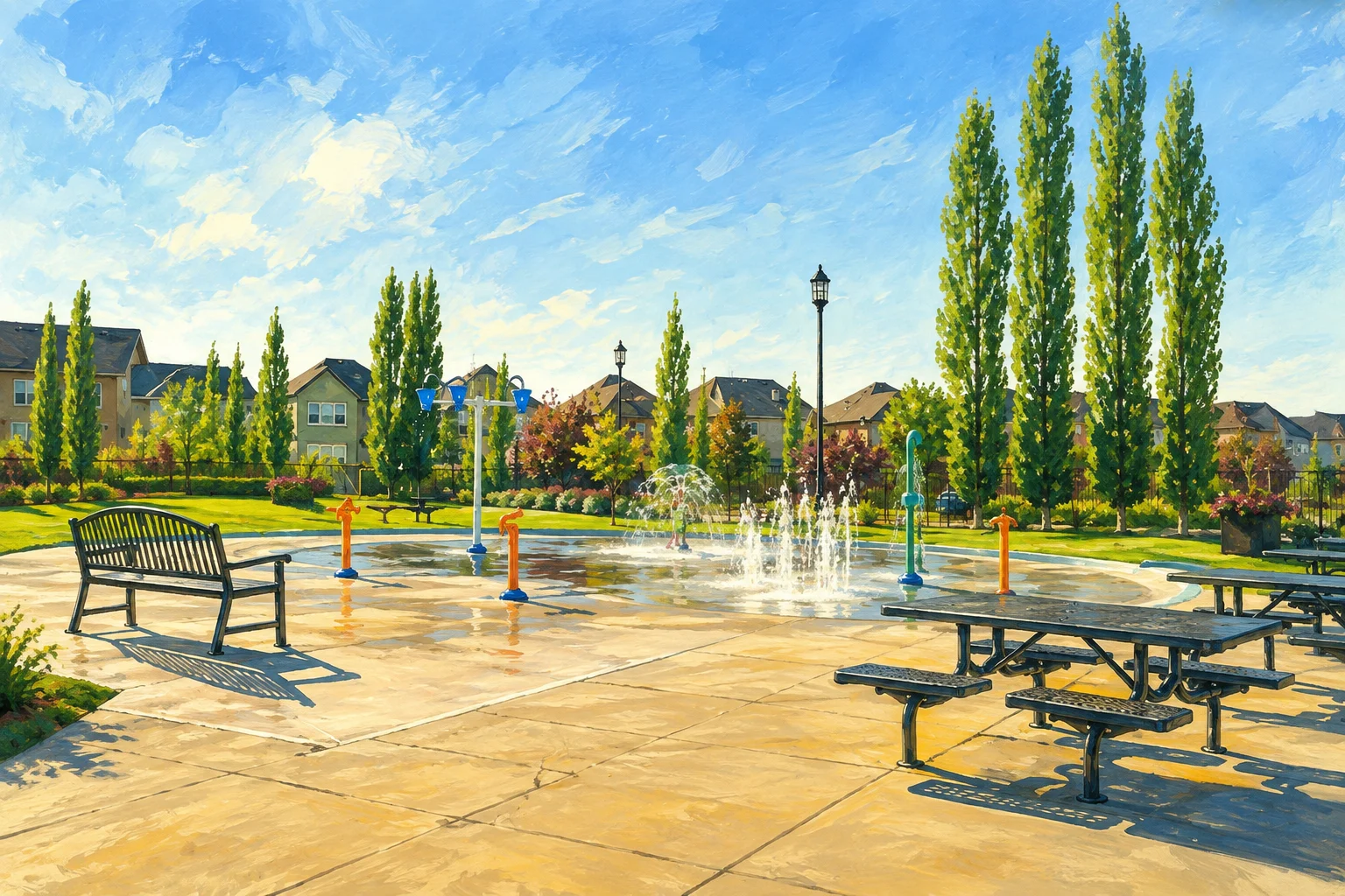 Painted view of Cranston splash park, picnic tables and poplars