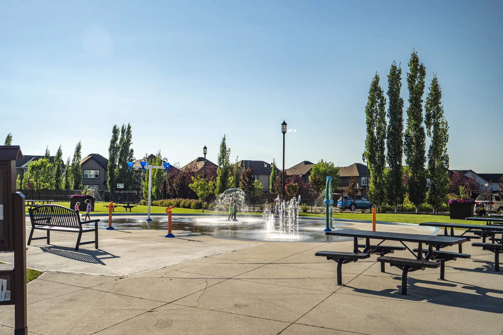 Photograph of Cranston splash park, picnic tables and poplars