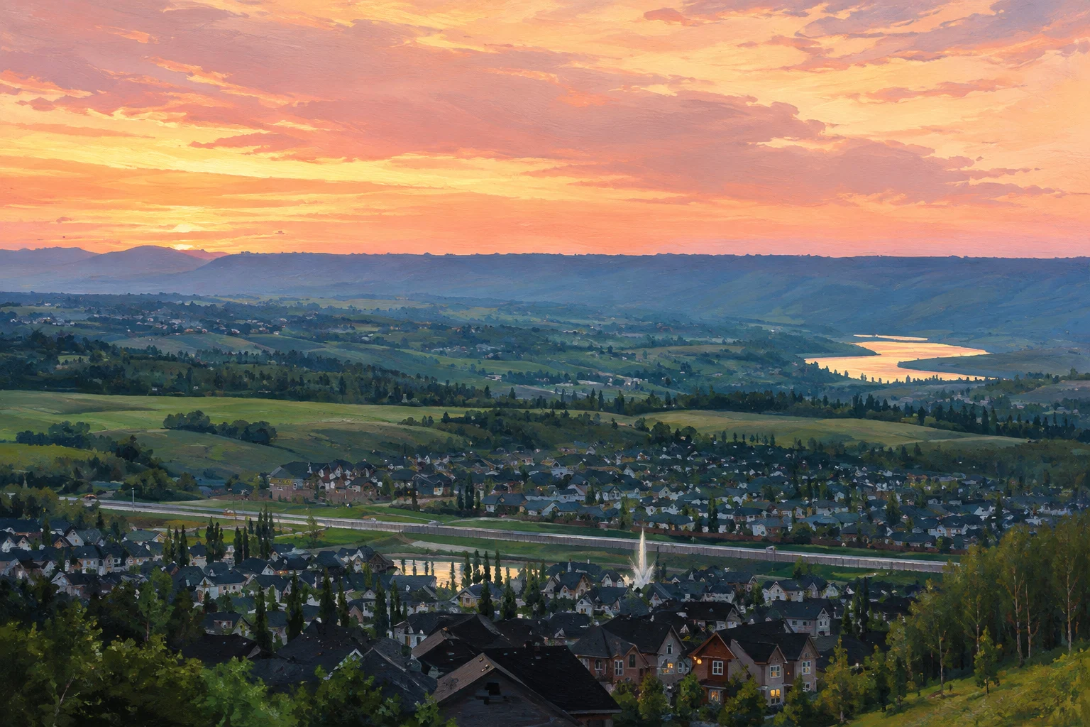Painted view of Crestmont hillside view toward the Bow valley at sunset