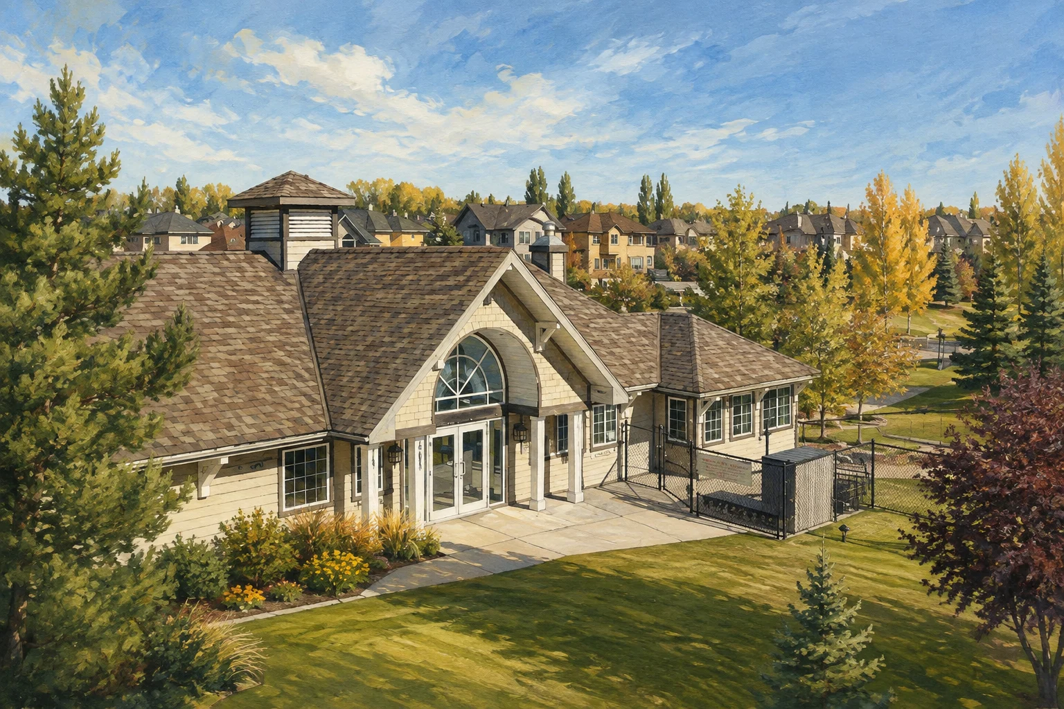 Painted view of Crystal Shores Beach House and landscaped entrance