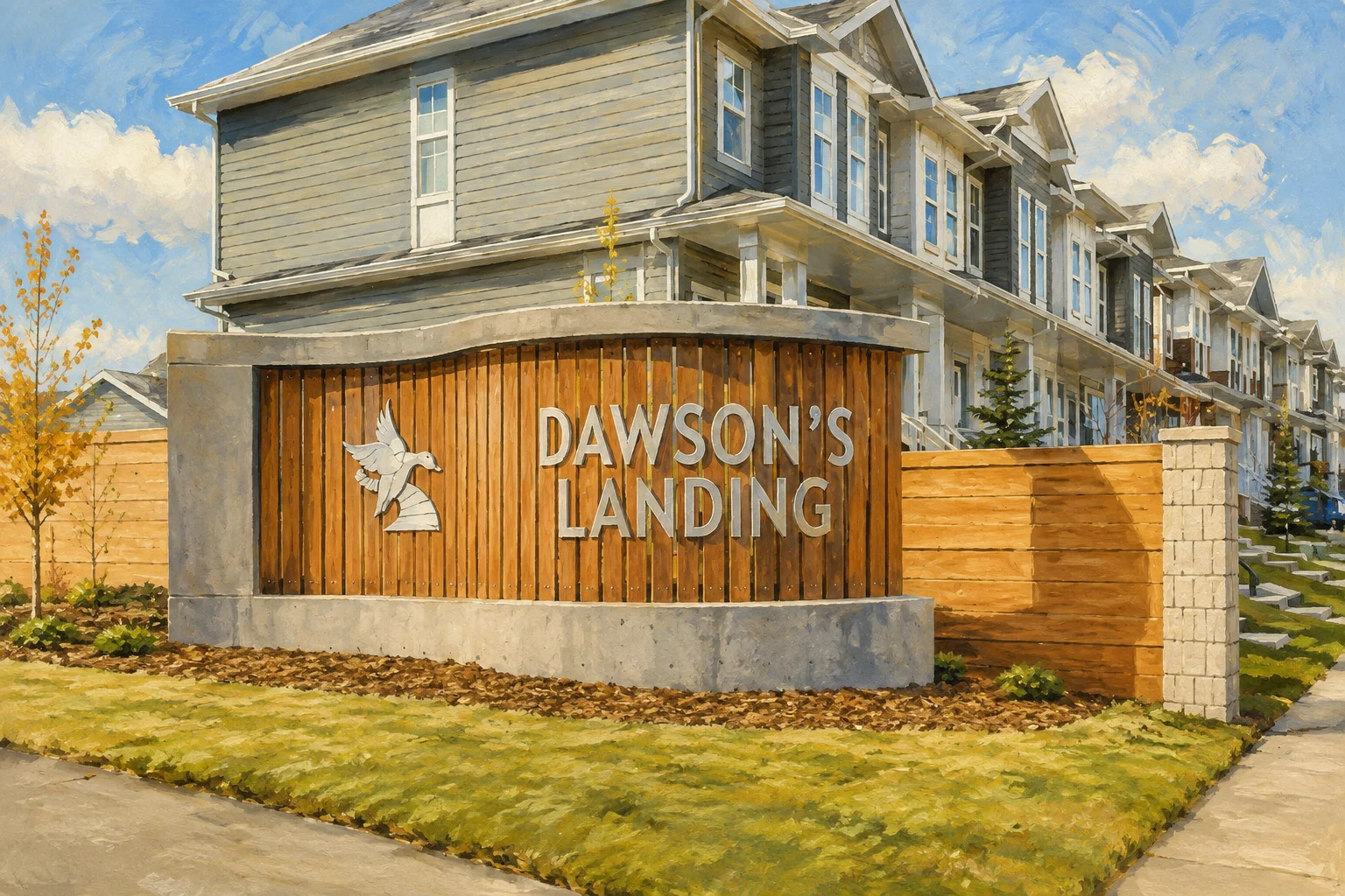 Painted view of Dawsons Landing cedar and concrete entrance monument
