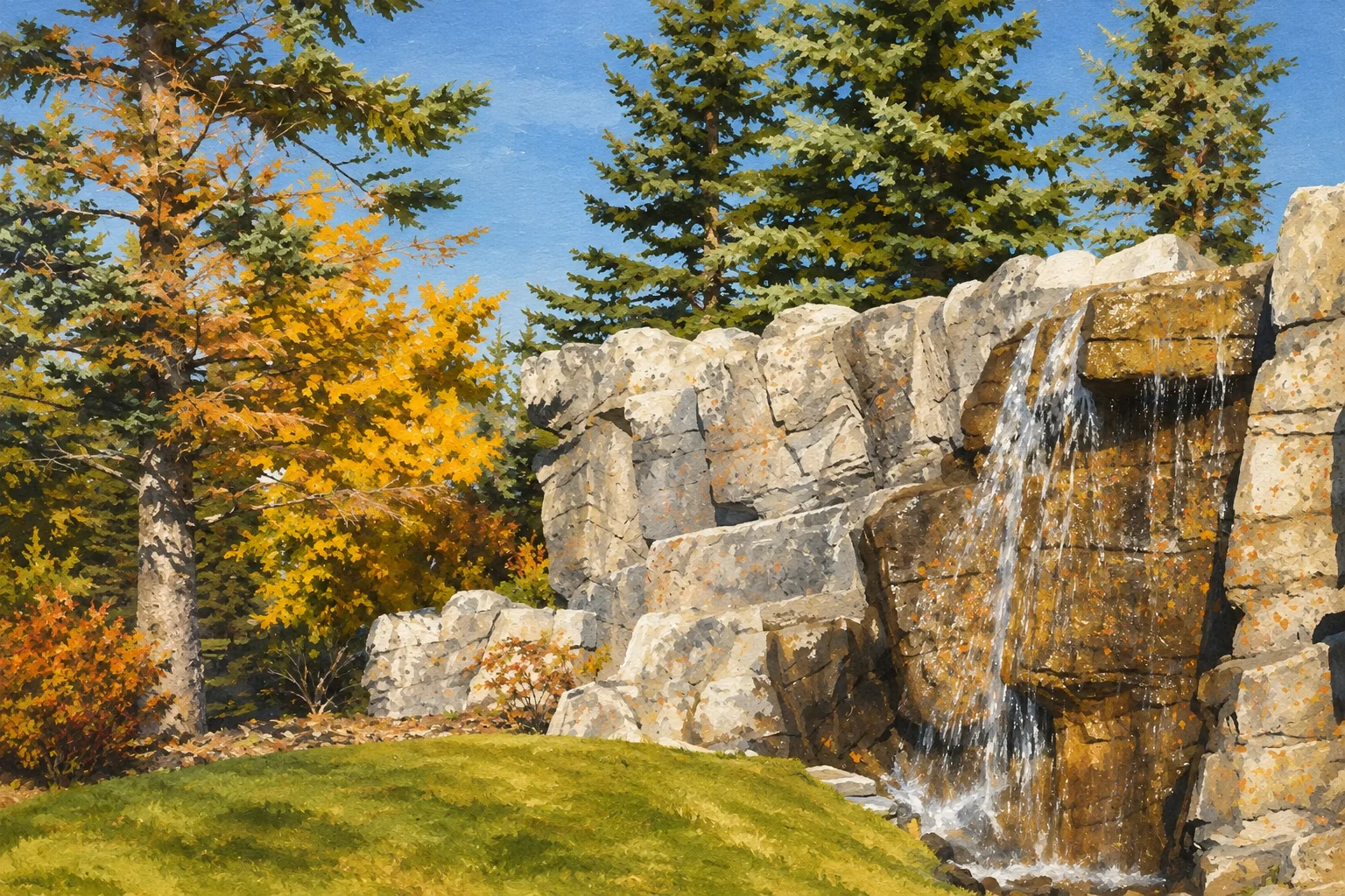 Illustration of the Discovery Ridge stone waterfall and surrounding evergreens, based on our community photograph