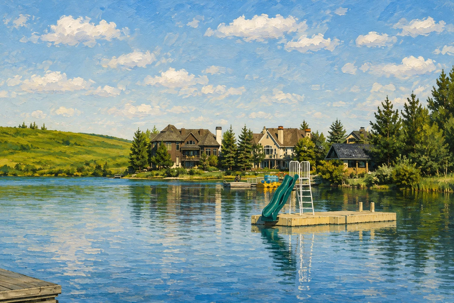 Gouache illustration of an Elbow Valley lake with floating slide, shoreline pavilion, homes and grassy rise