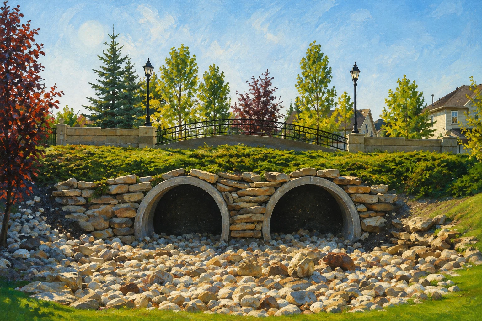 Painted view of Evergreen's twin stone culvert crossing, black railing, lanterns and leafy landscaped paths
