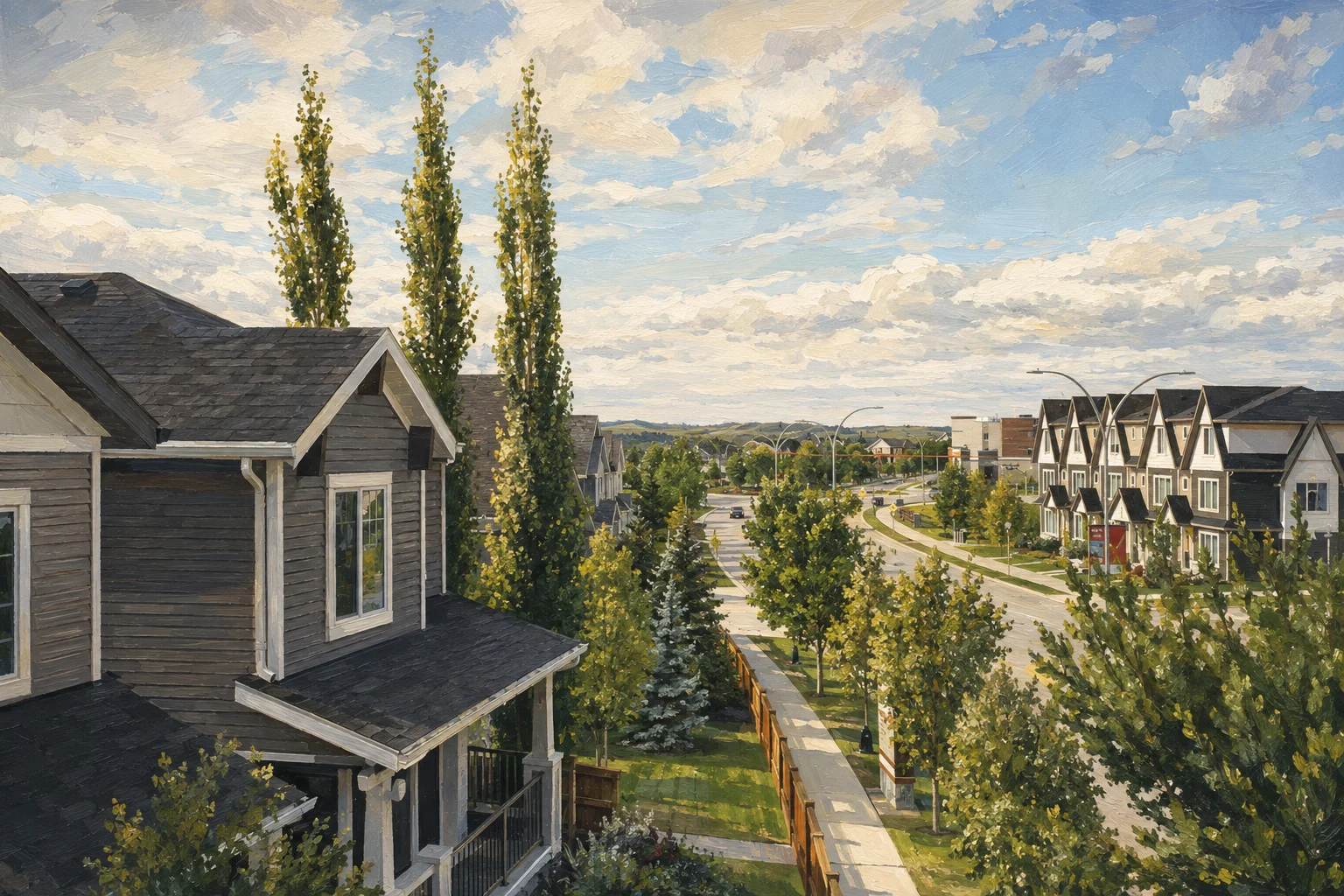Painted view of Fireside gabled homes, tall poplars and curving boulevard