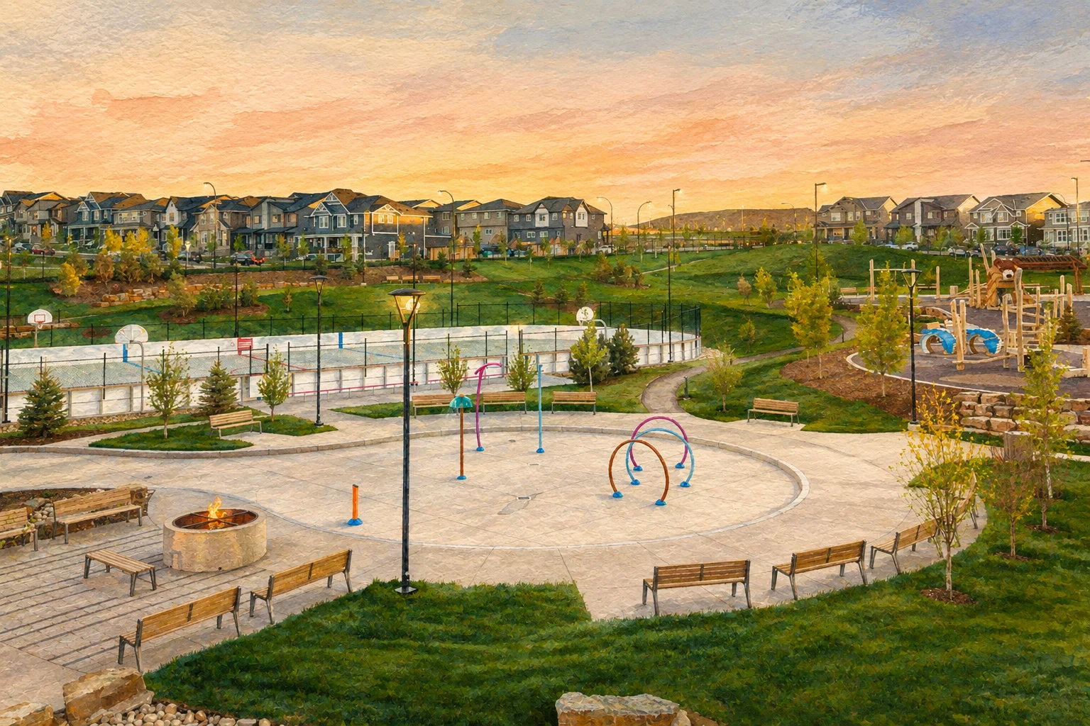 Painted view of Glacier Ridge splash park, white boarded rink and timber playground beneath the surrounding homes