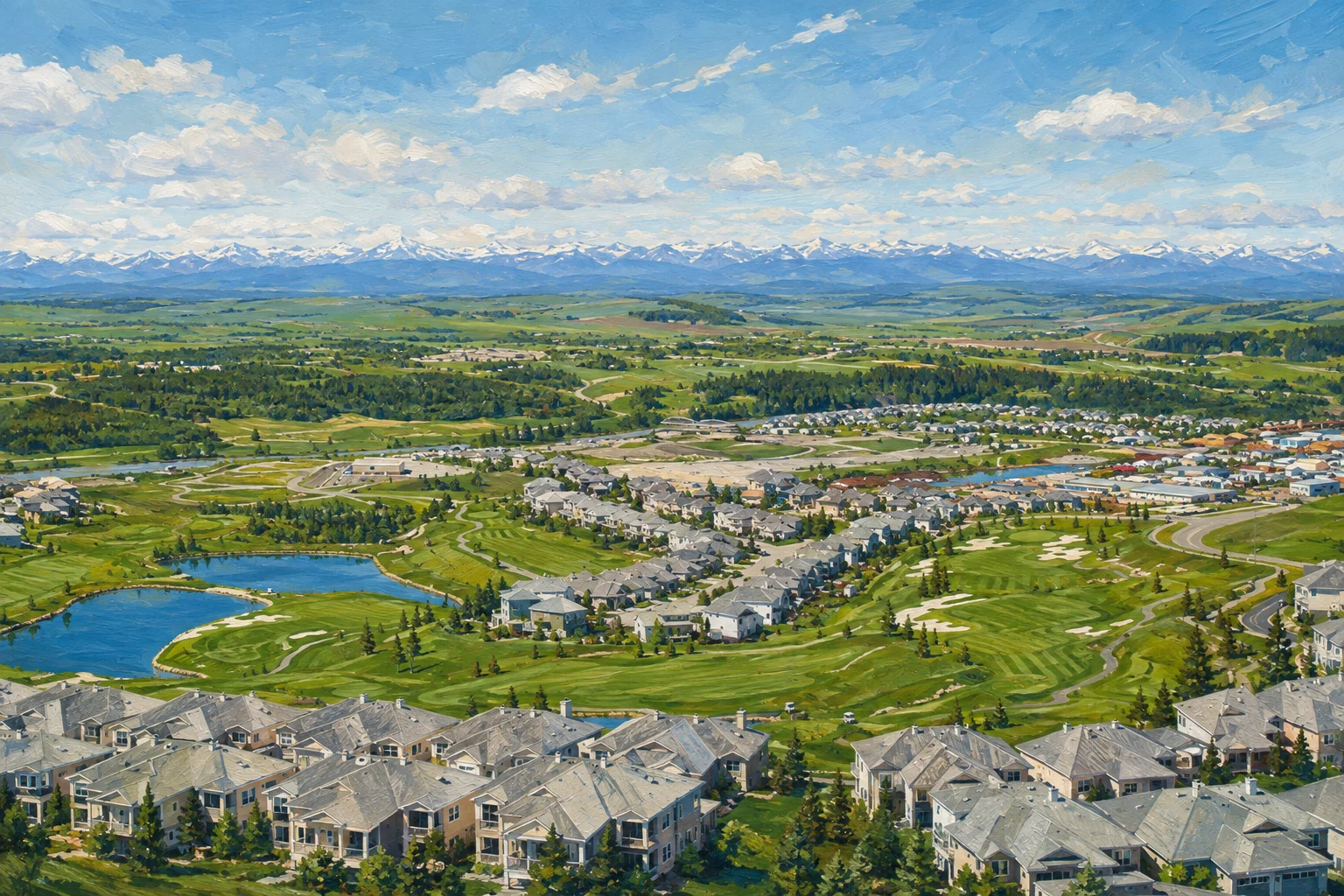 Painted view of GlenEagles golf landscape, homes and distant mountain panorama