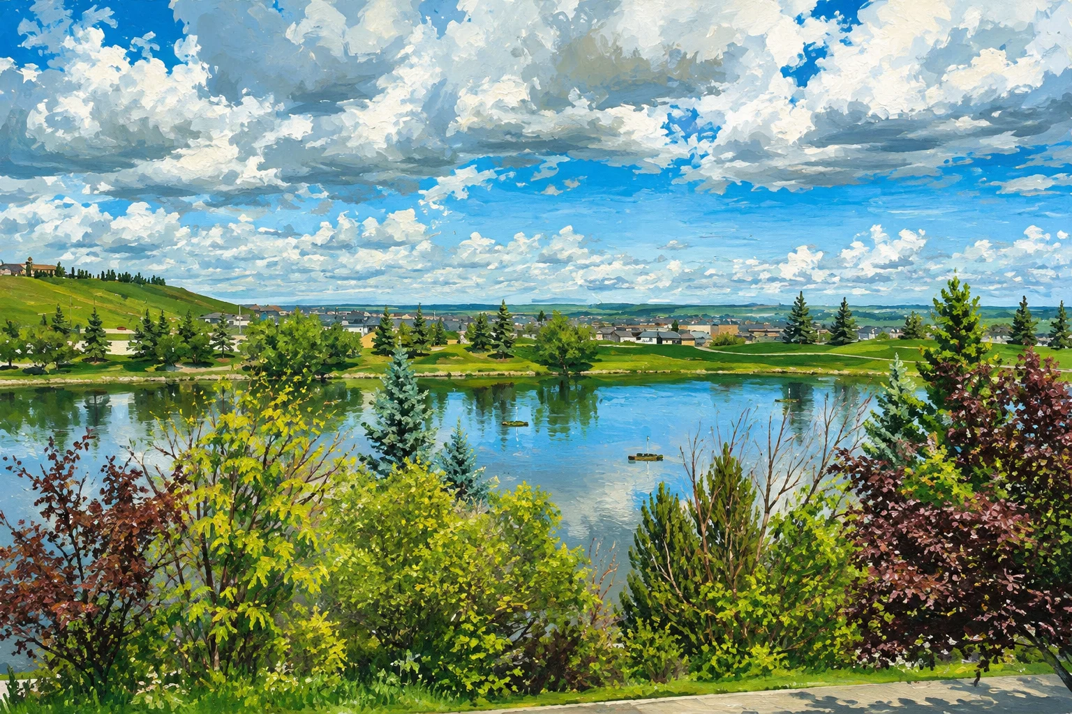 Painted view of Hamptons pond framed by shrubs and spruce trees