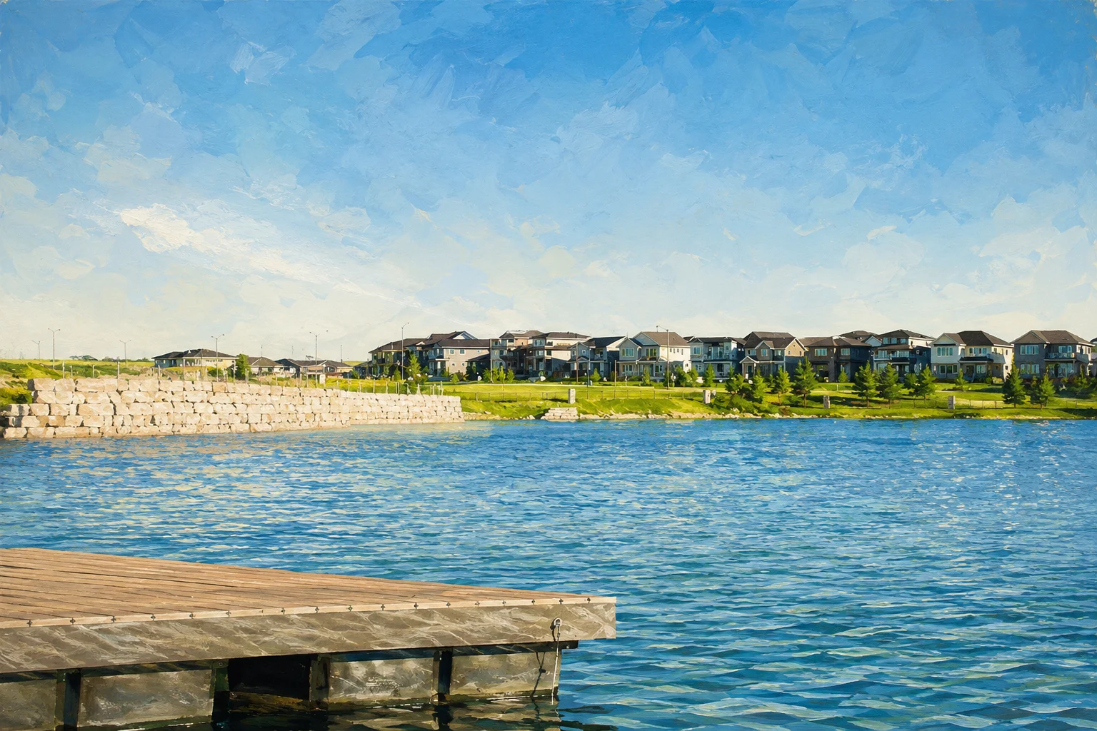 Painted view of Harmony Lake fishing dock and opposite residential shoreline