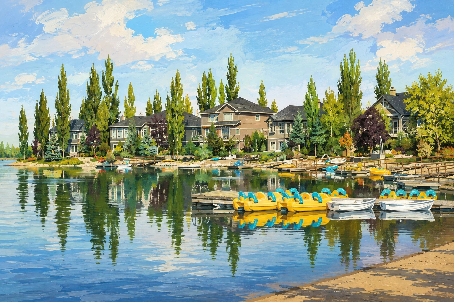 Painted view of Heritage Pointe lake with poplars, estate homes and pedal boats