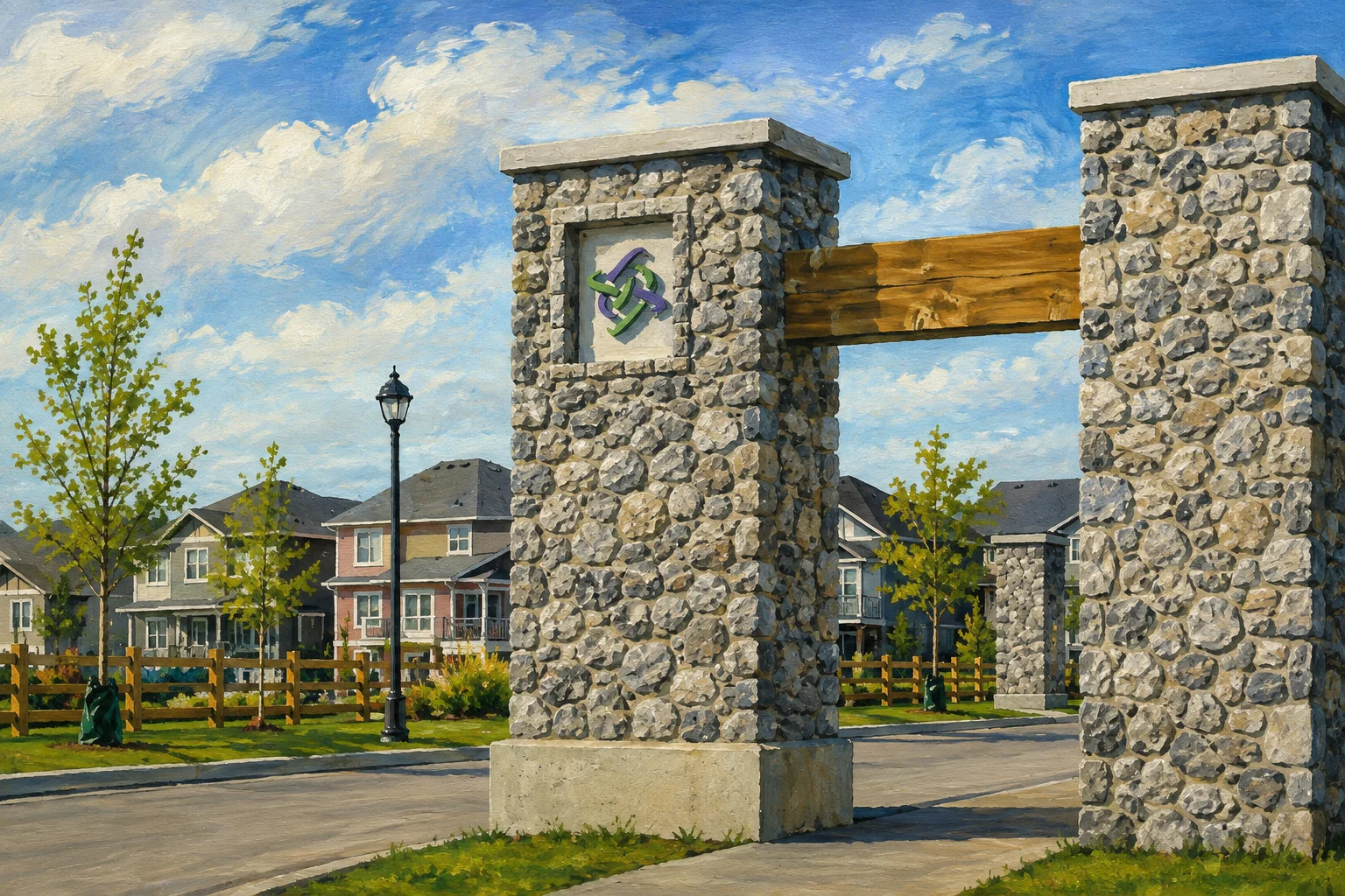 Painted view of Kings Heights stone and timber entrance gateway