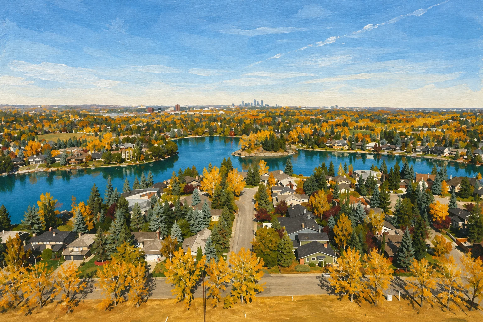 Painted view of Lake Bonaventure, its wooded island, mature waterfront homes and distant Calgary skyline in autumn