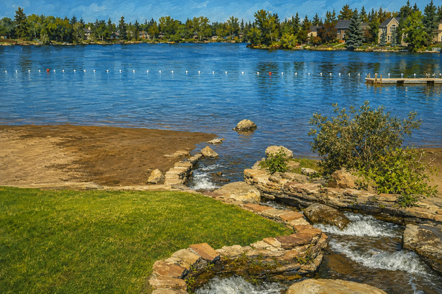 Painterly illustration of Lake Bonavista with a stone-lined cascade, beach, swimming dock and tree-lined waterfront