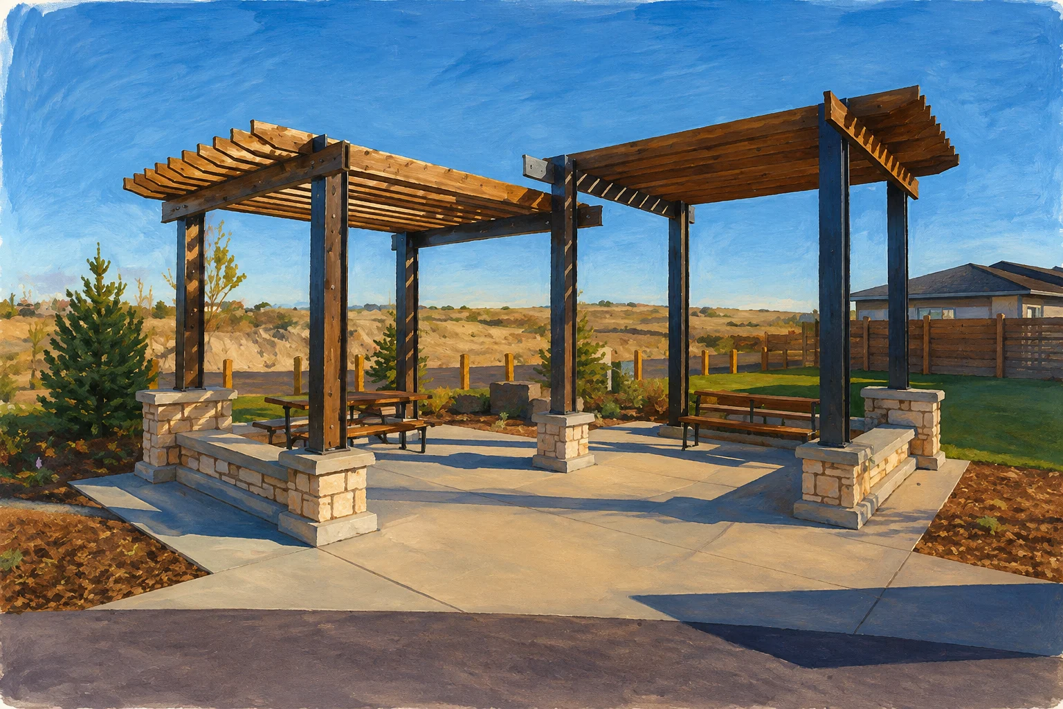 Painted view of Lanark Landing paired timber pergolas and stone seating