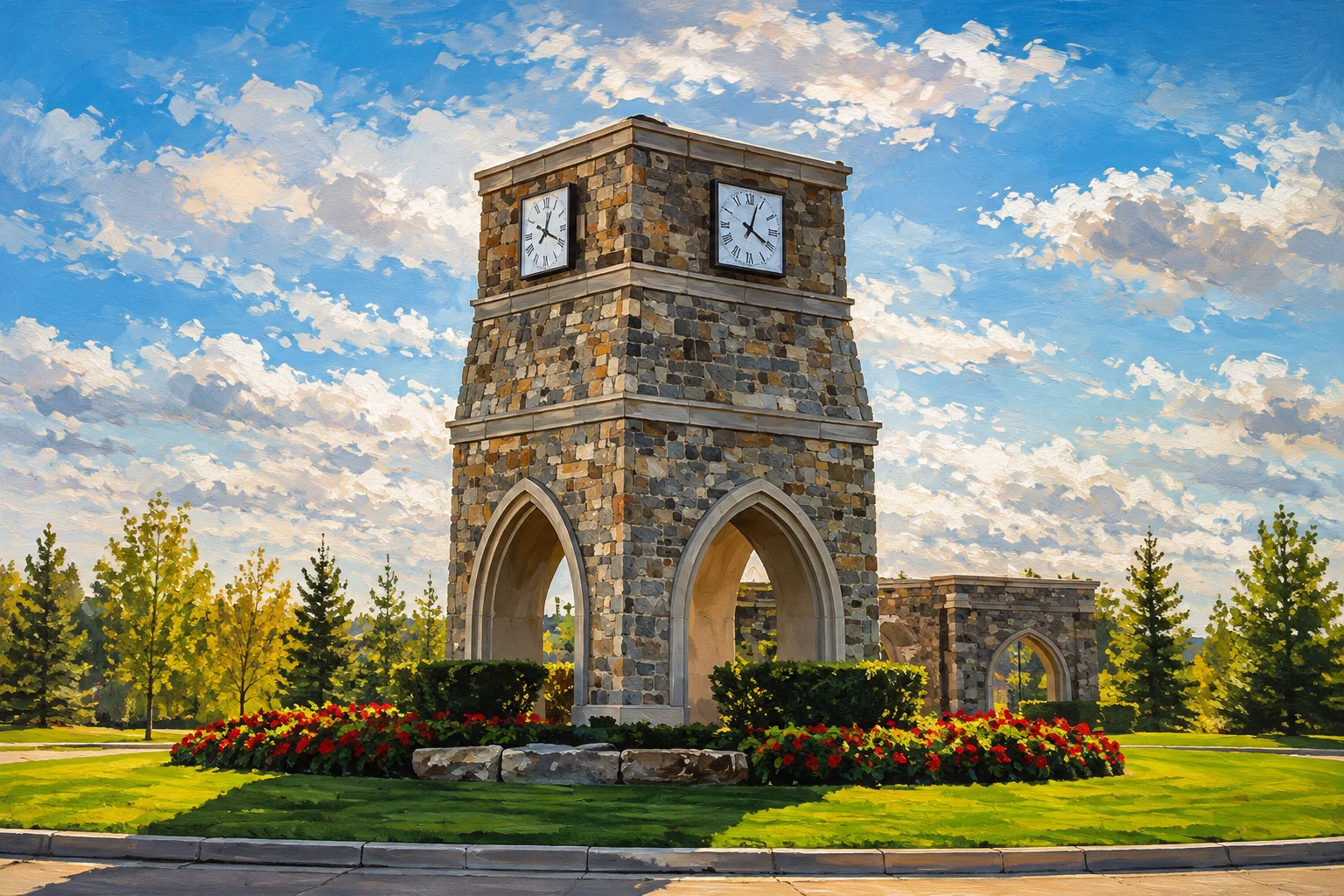 Painted view of Legacy's stone clock tower, arched base, flower beds and clipped hedges