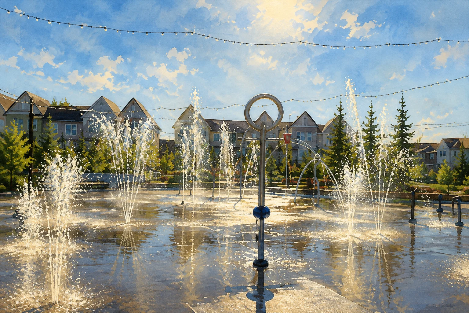 Painted view of Livingston splash park with ring-topped spray post and ground jets