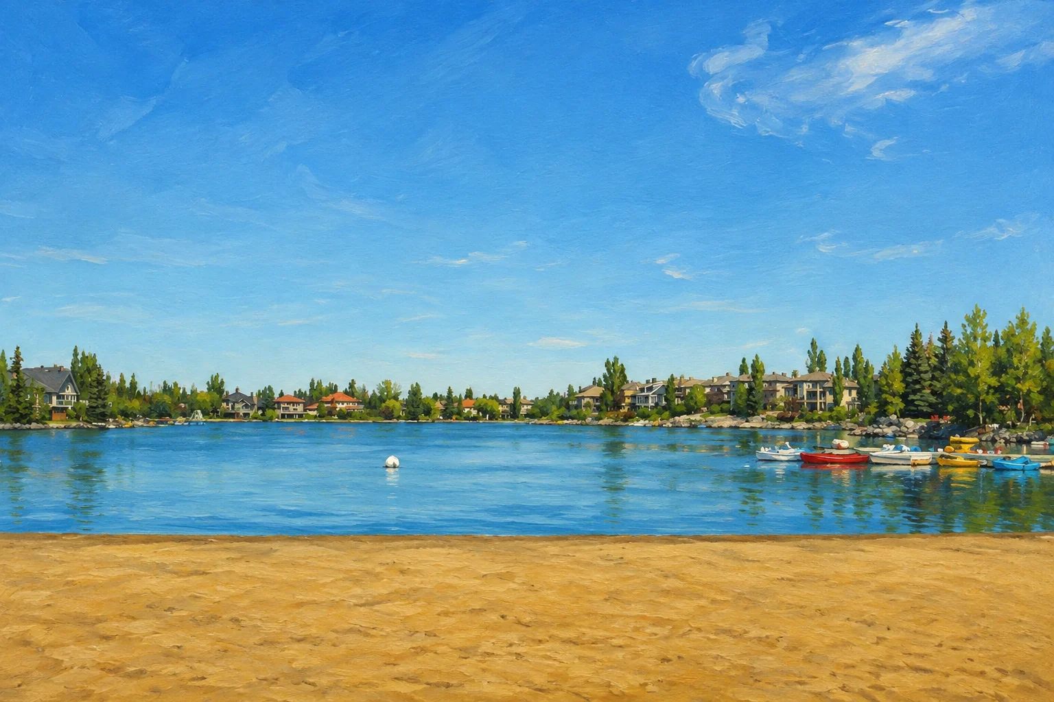 Painterly illustration of McKenzie Lake from its sandy beach, with waterfront homes, mature trees and colourful boats along the right shore