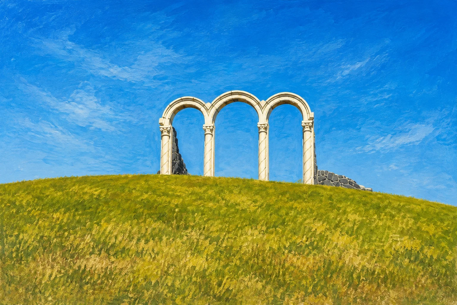 Painted view of McKenzie Towne three stone arches on their grassy hill