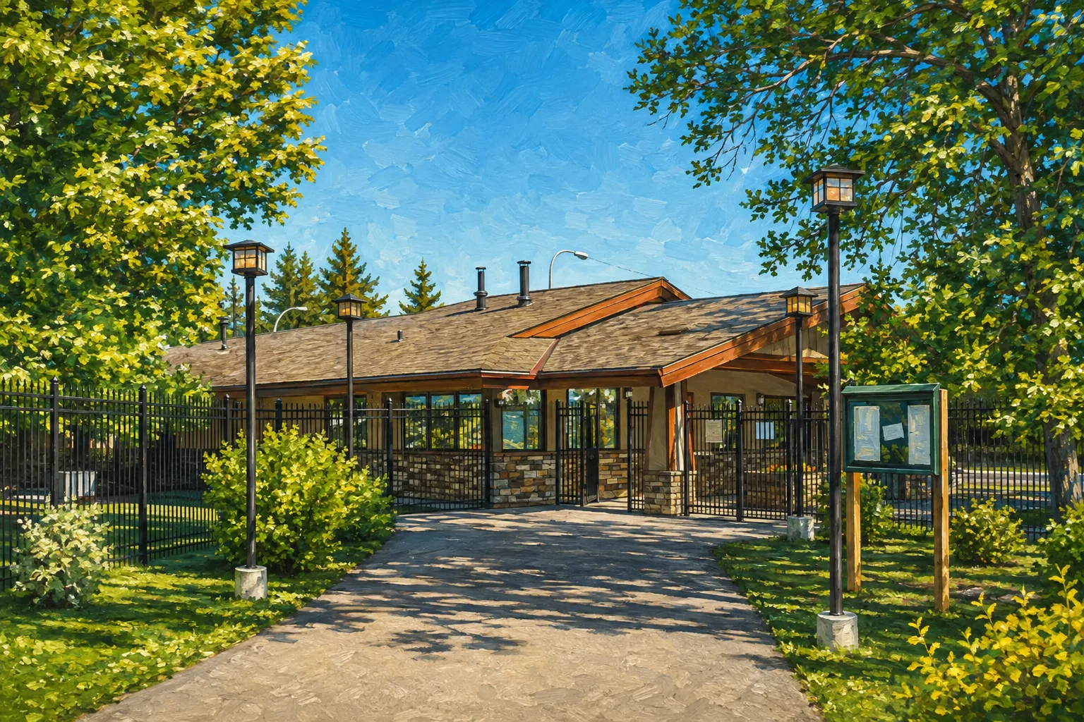 Painterly illustration of Midnapore lake-park entrance with timber roof edges, stone walls, black gates and lantern posts framed by mature trees