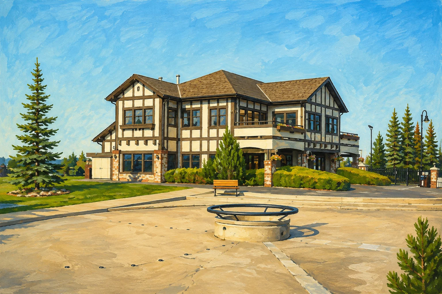 Painted view of New Brighton clubhouse and plaza
