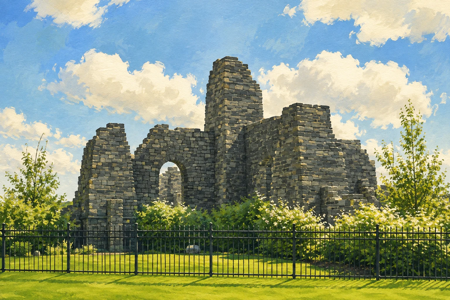 Gouache illustration of Nolan Hill’s distinctive stone entrance landmark, arched opening, black fence and landscaped grounds