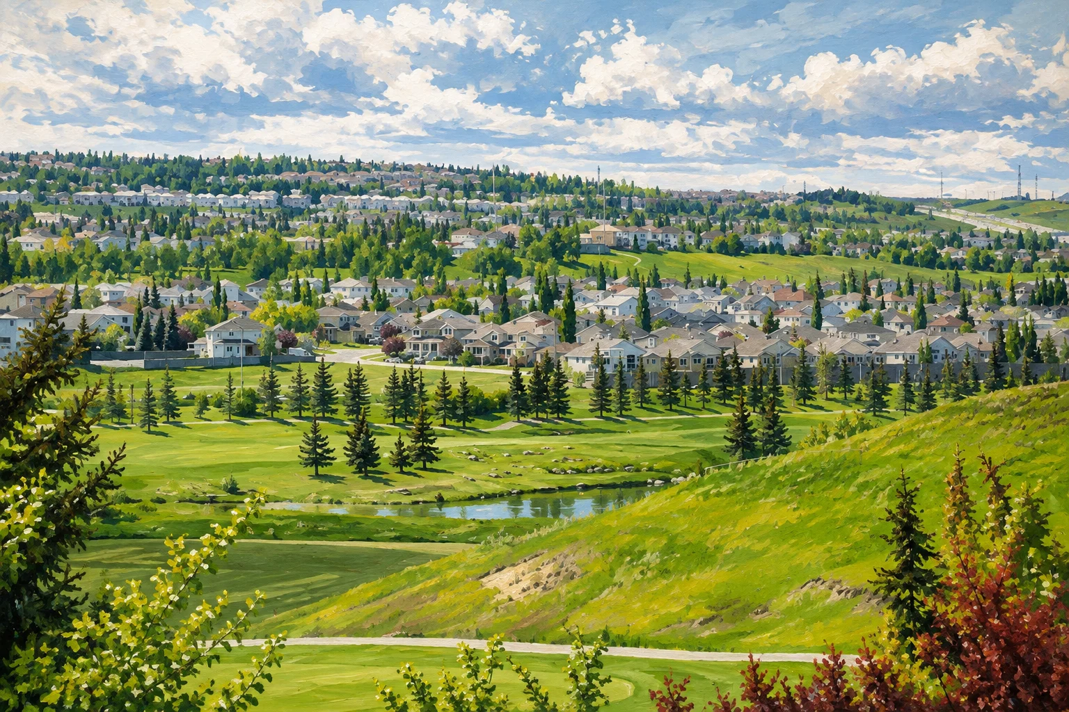 Painted view of Panorama Hills rolling terrain and established neighbourhood panorama