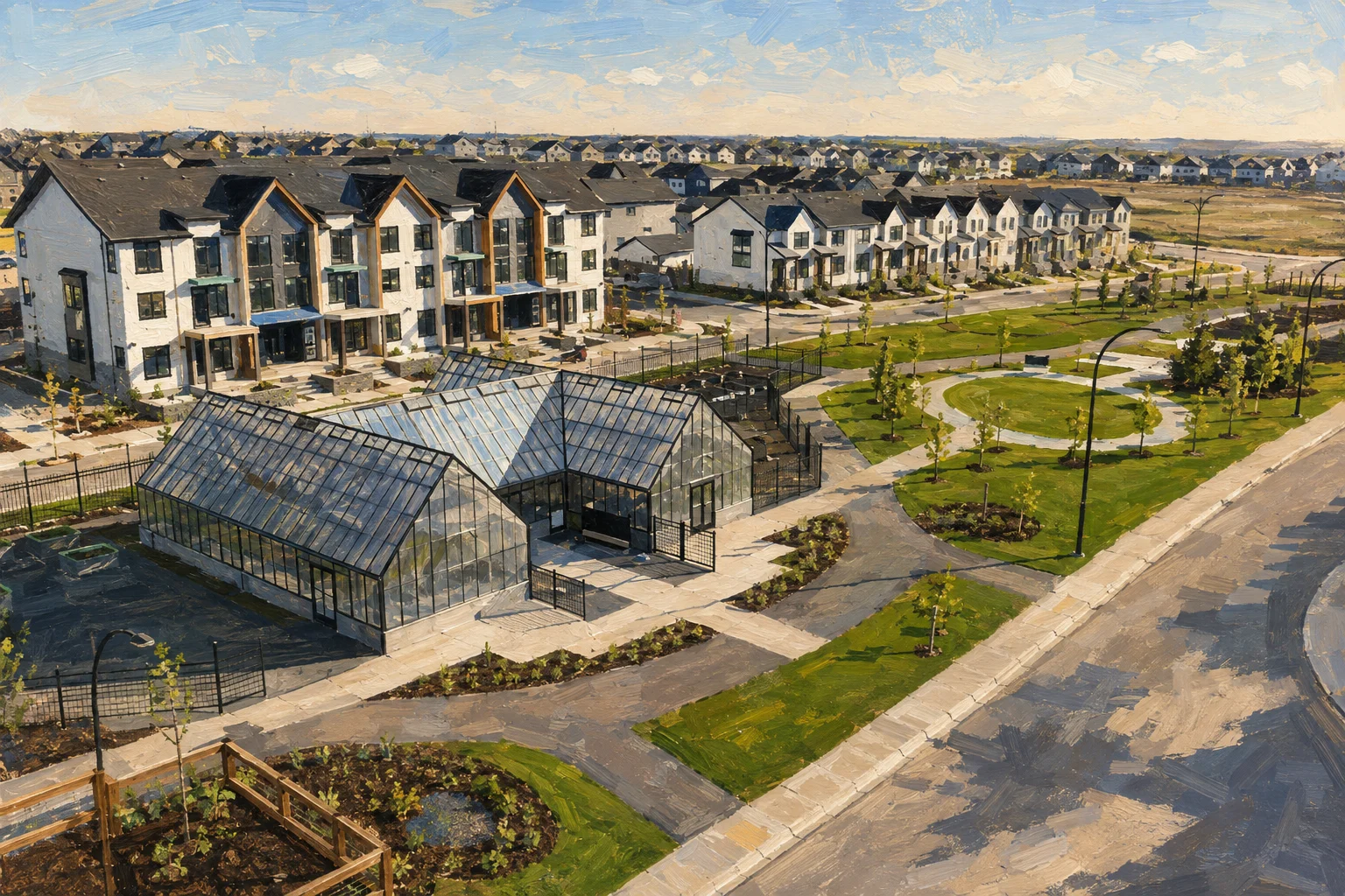 Painted view of Rangeview connected glass greenhouses and neighbouring park