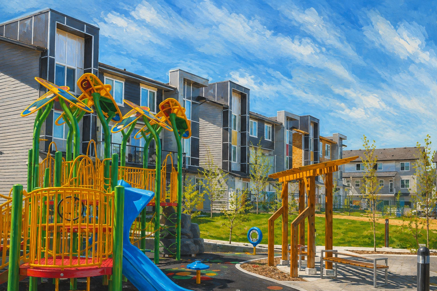 Painted view of Redstone sunflower playground and modern townhome courtyard