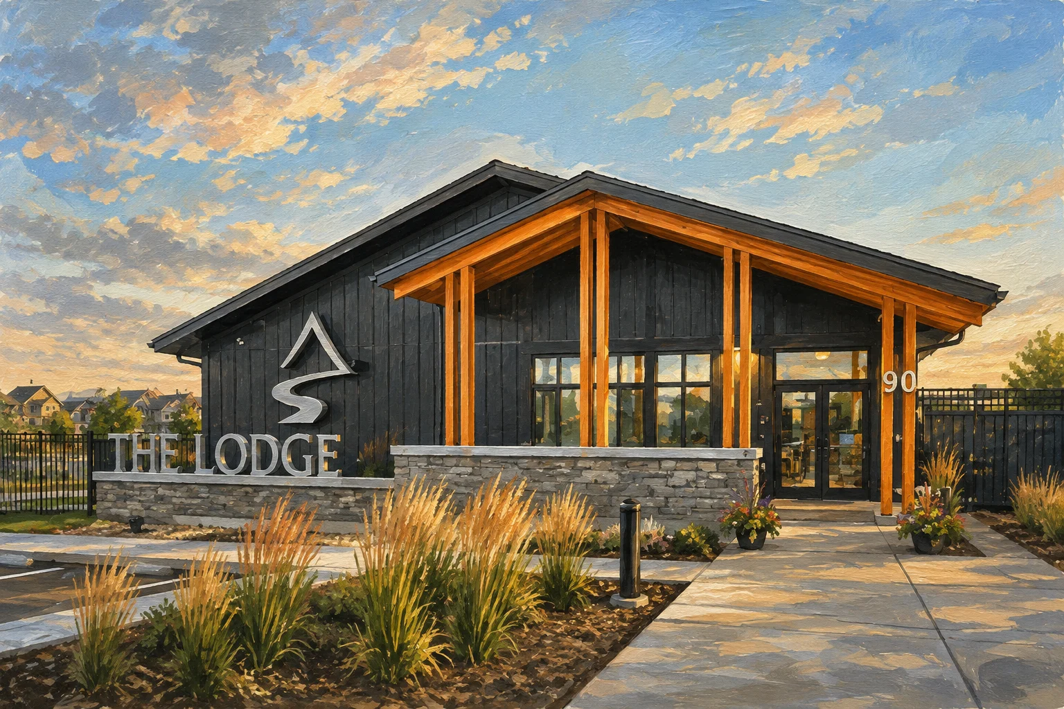 Painted view of The Lodge in Rockland Park with timber canopy and dark cladding