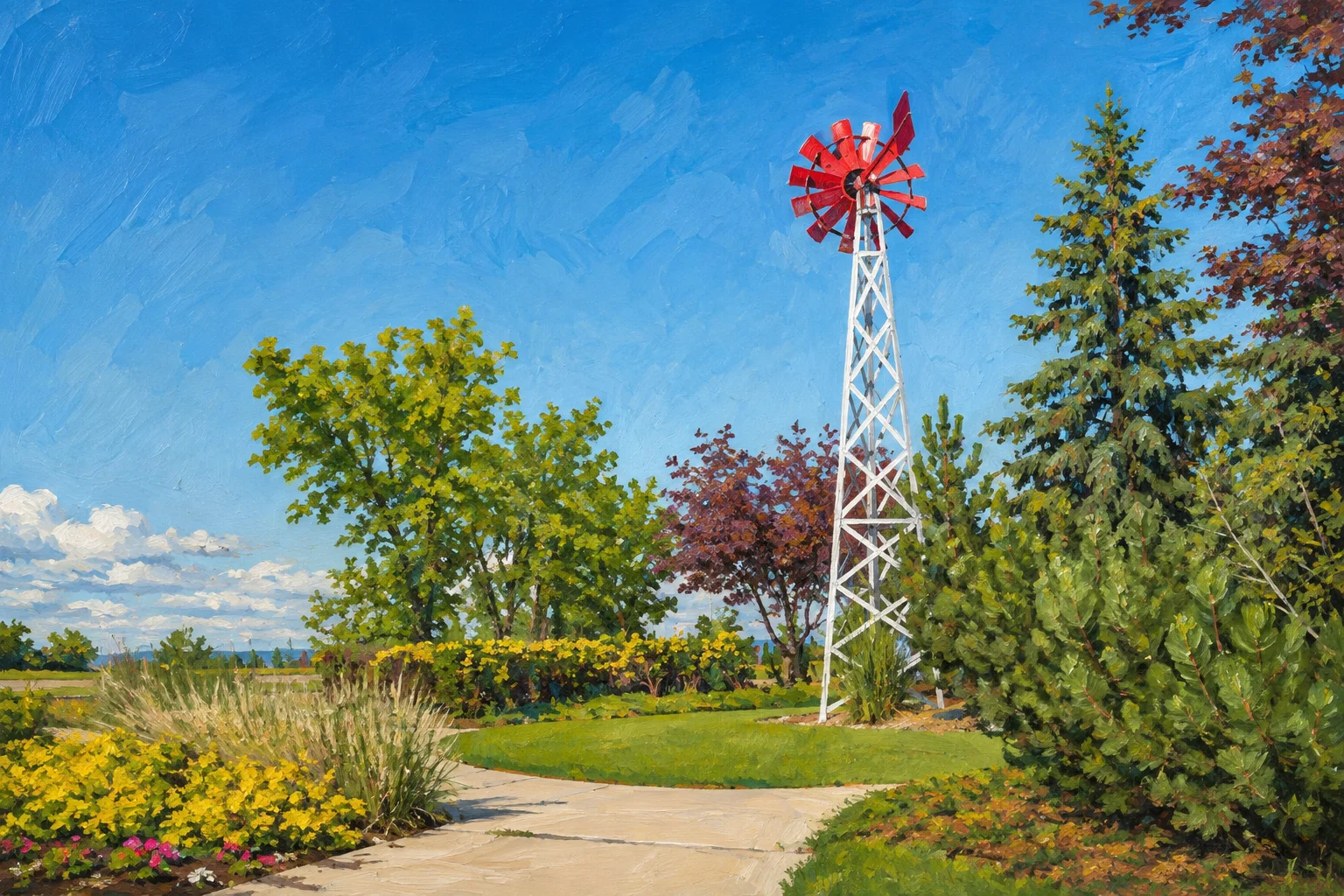 Painted view of Rocky Ridge red windmill and landscaped path