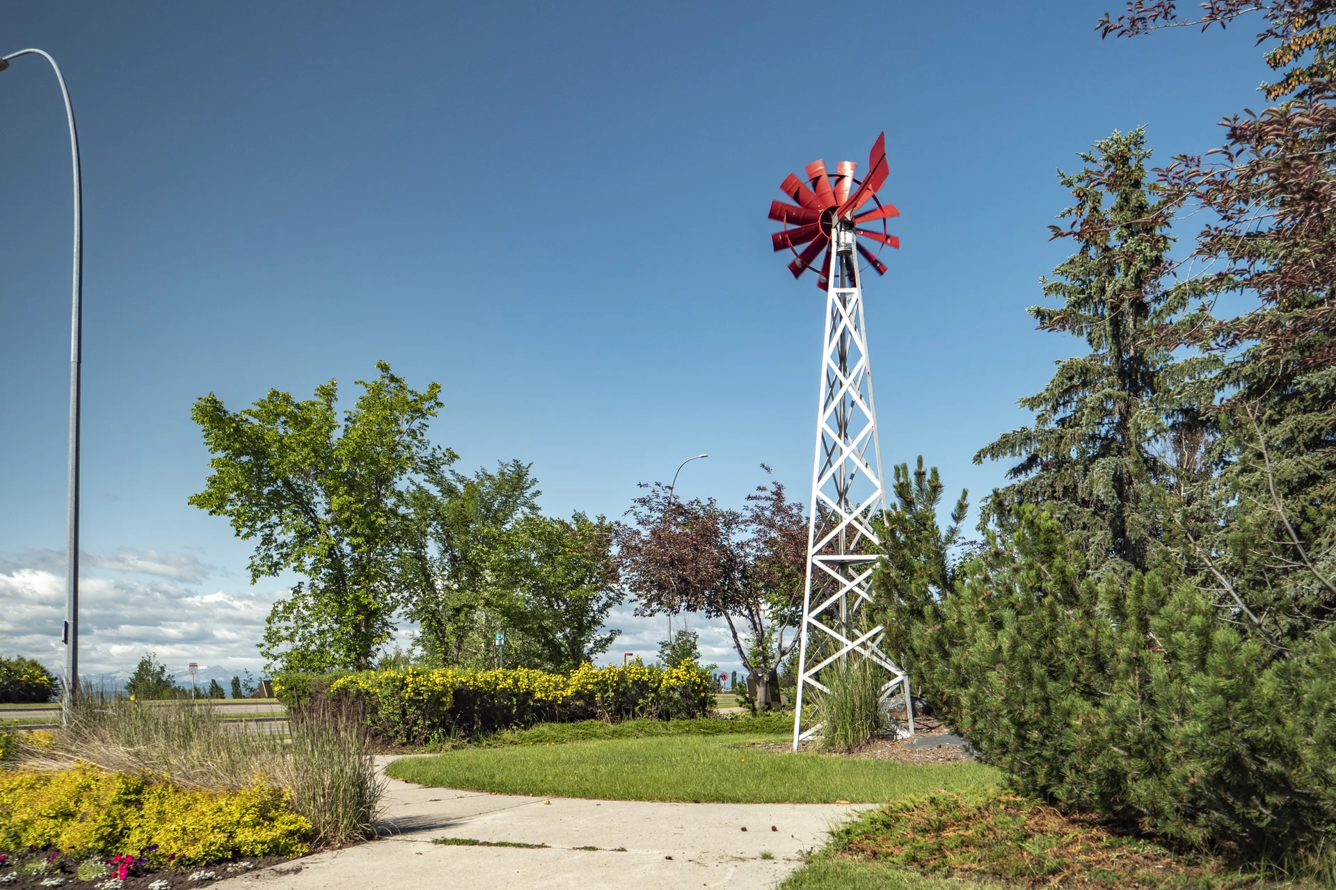 Photograph of Rocky Ridge red windmill and landscaped path
