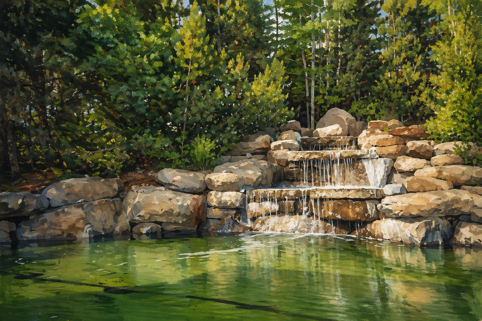 Painted view of Royal Oak stone waterfall and ornamental pool